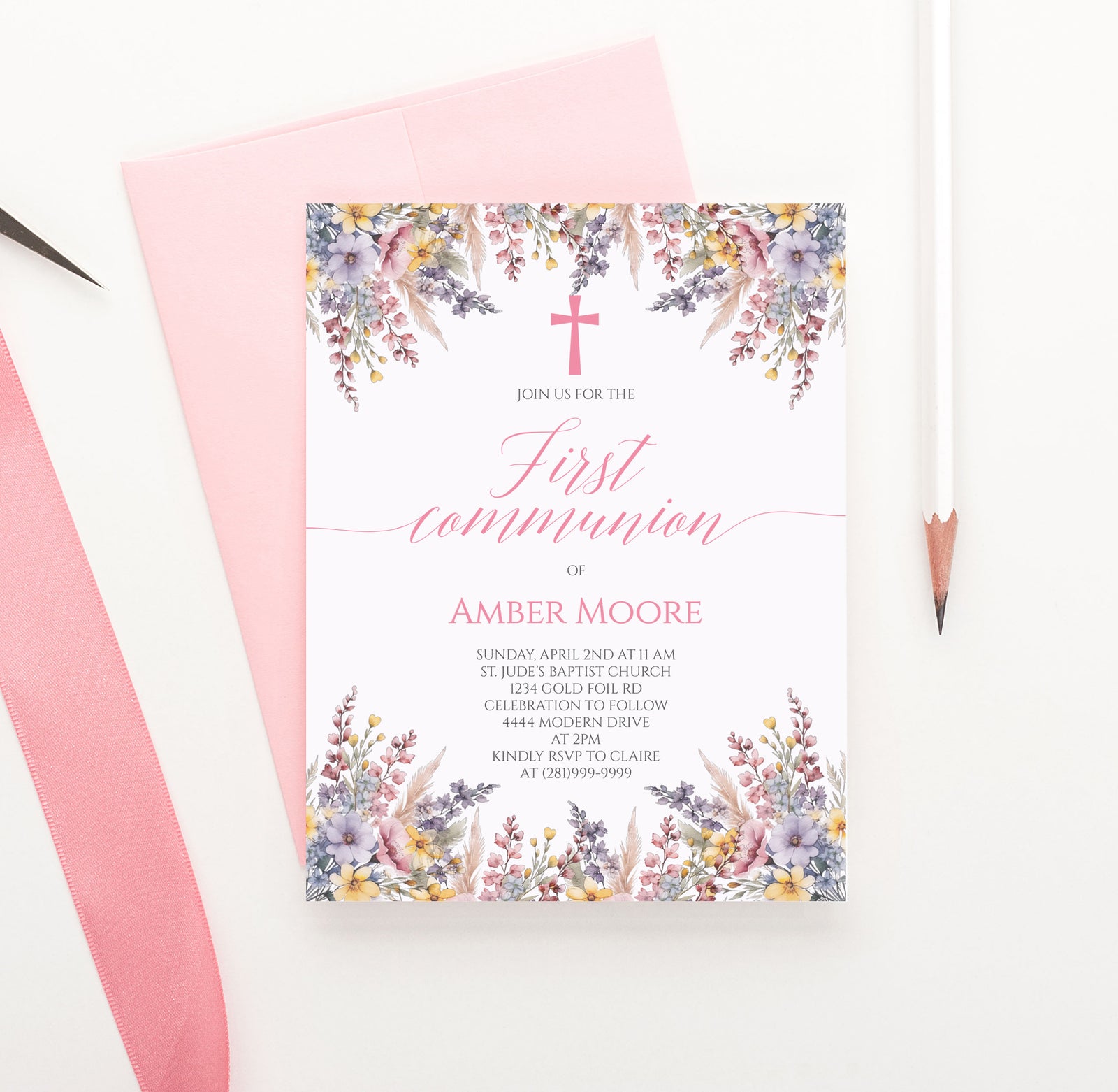 Unique Communion Invitations With Florals