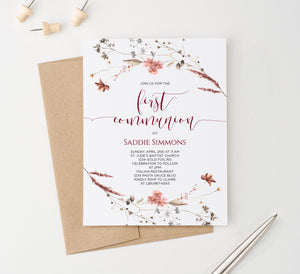 Rustic Communion Invitations With Wildflowers