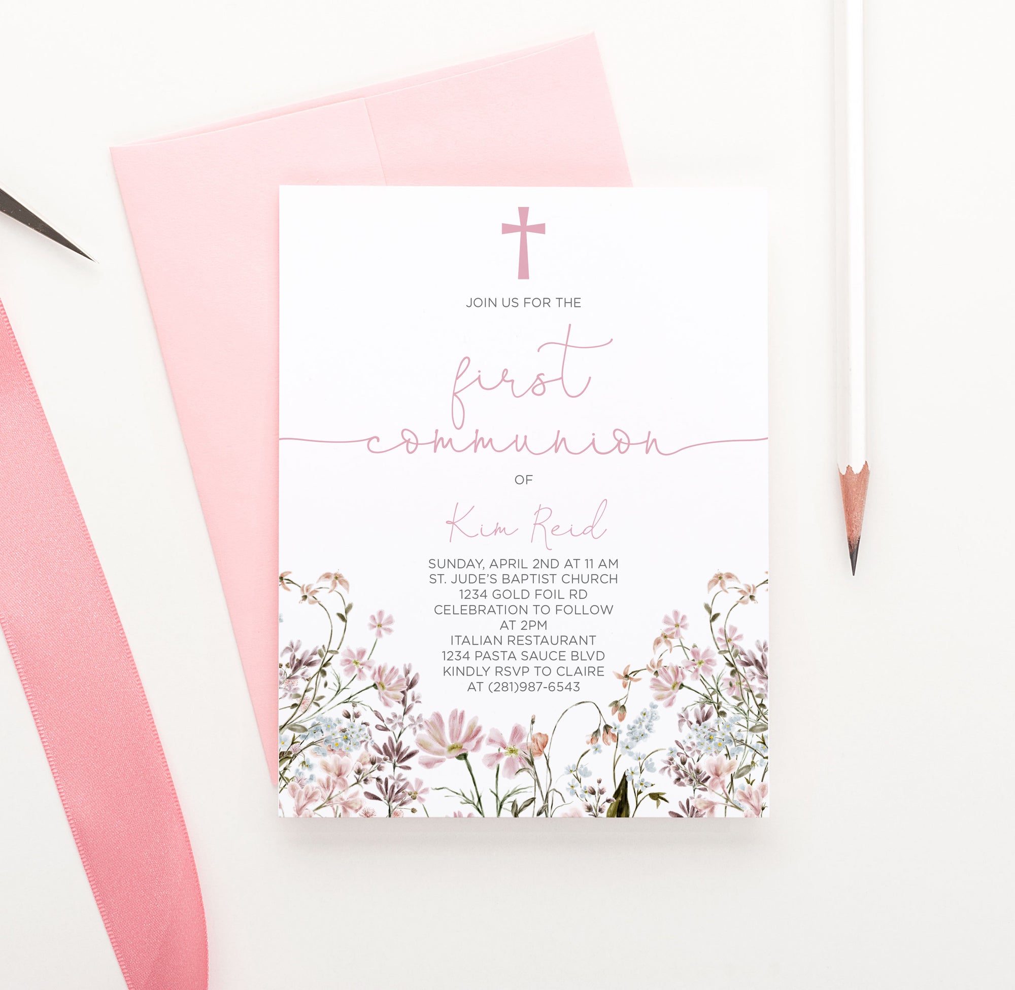 Custom Pink First Communion Invitations With Wildflowers