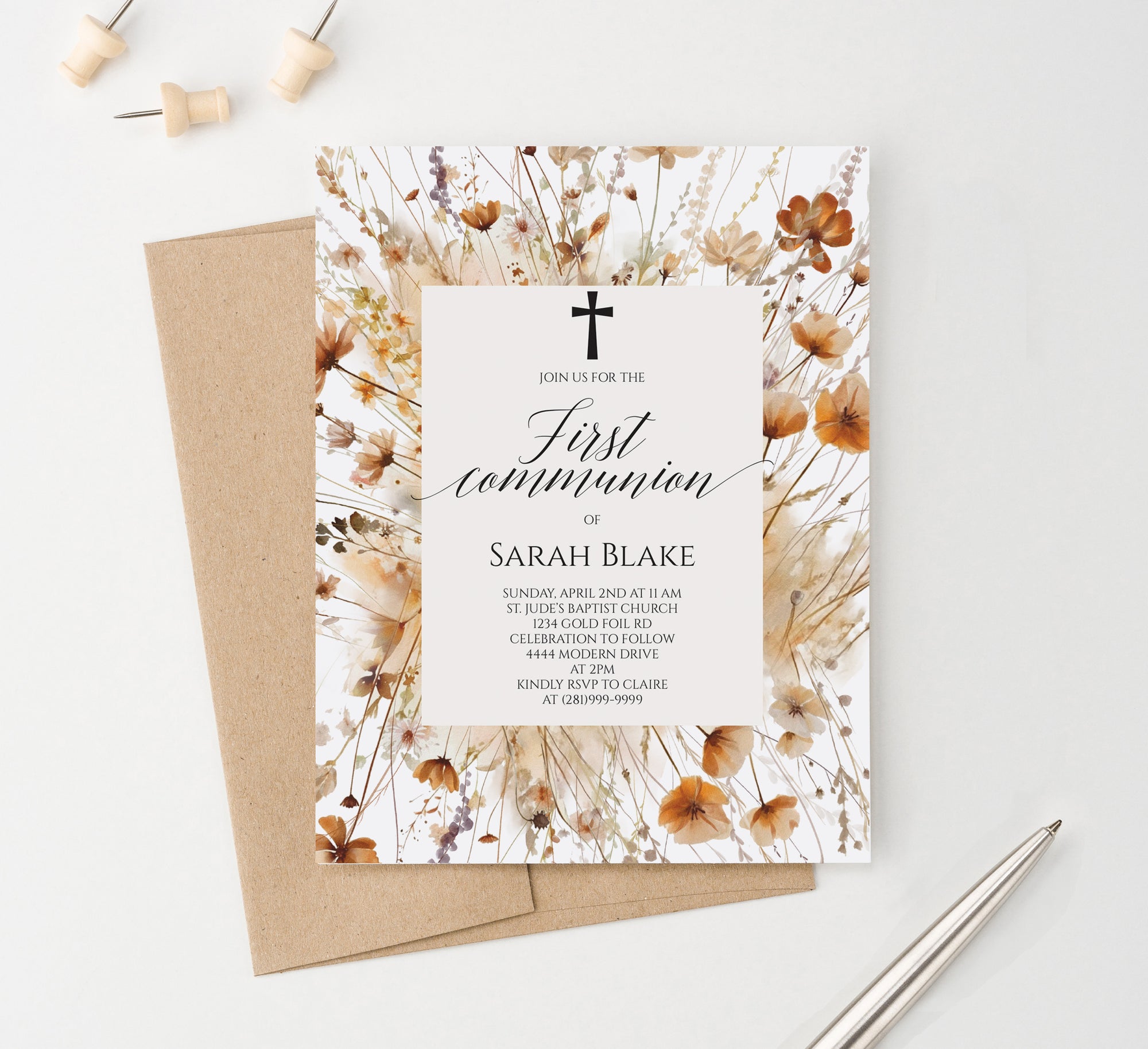 Boho 1st Communion Invitations With Fall Wildflowers