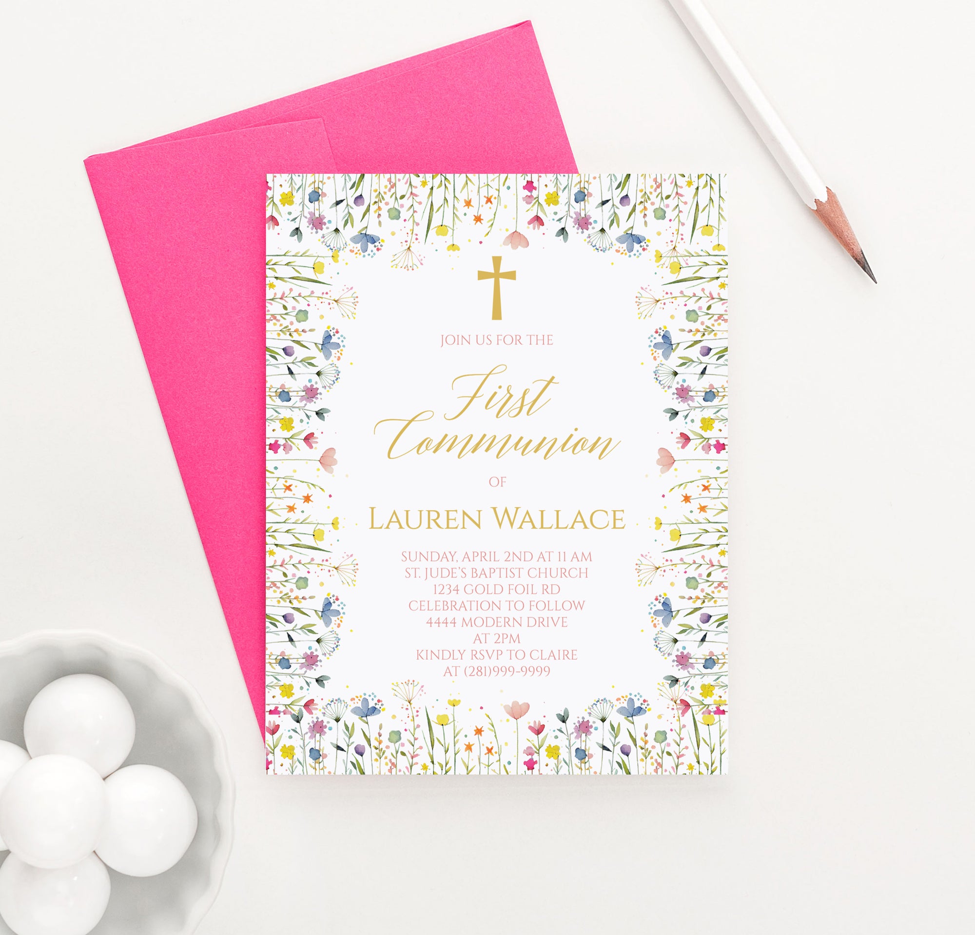 Watercolor Wildflower Invitation To Holy Communion