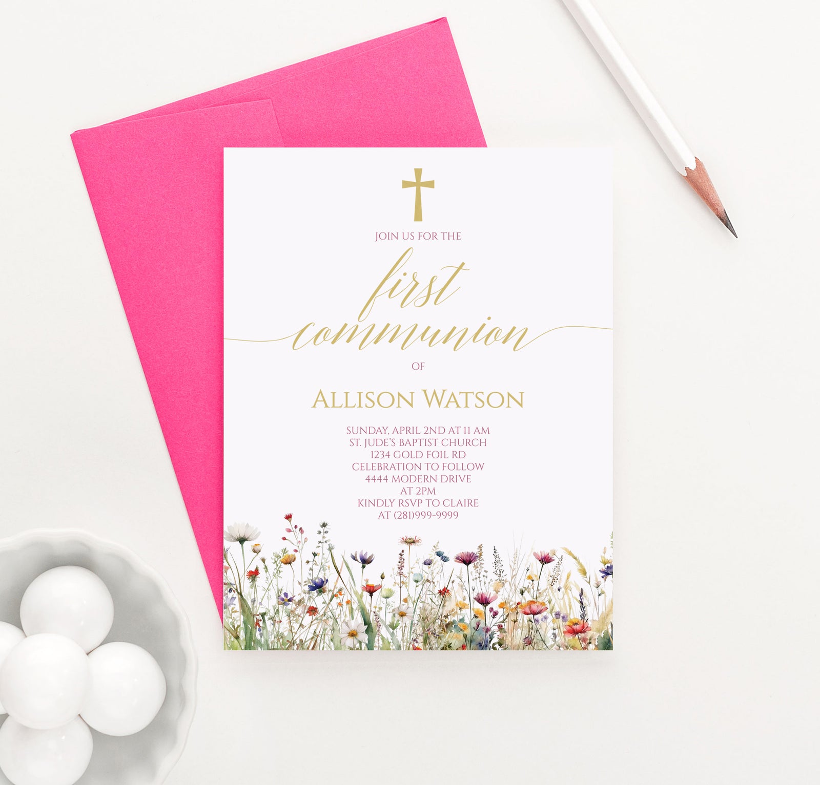 Custom Communion Invitations With Wildflowers