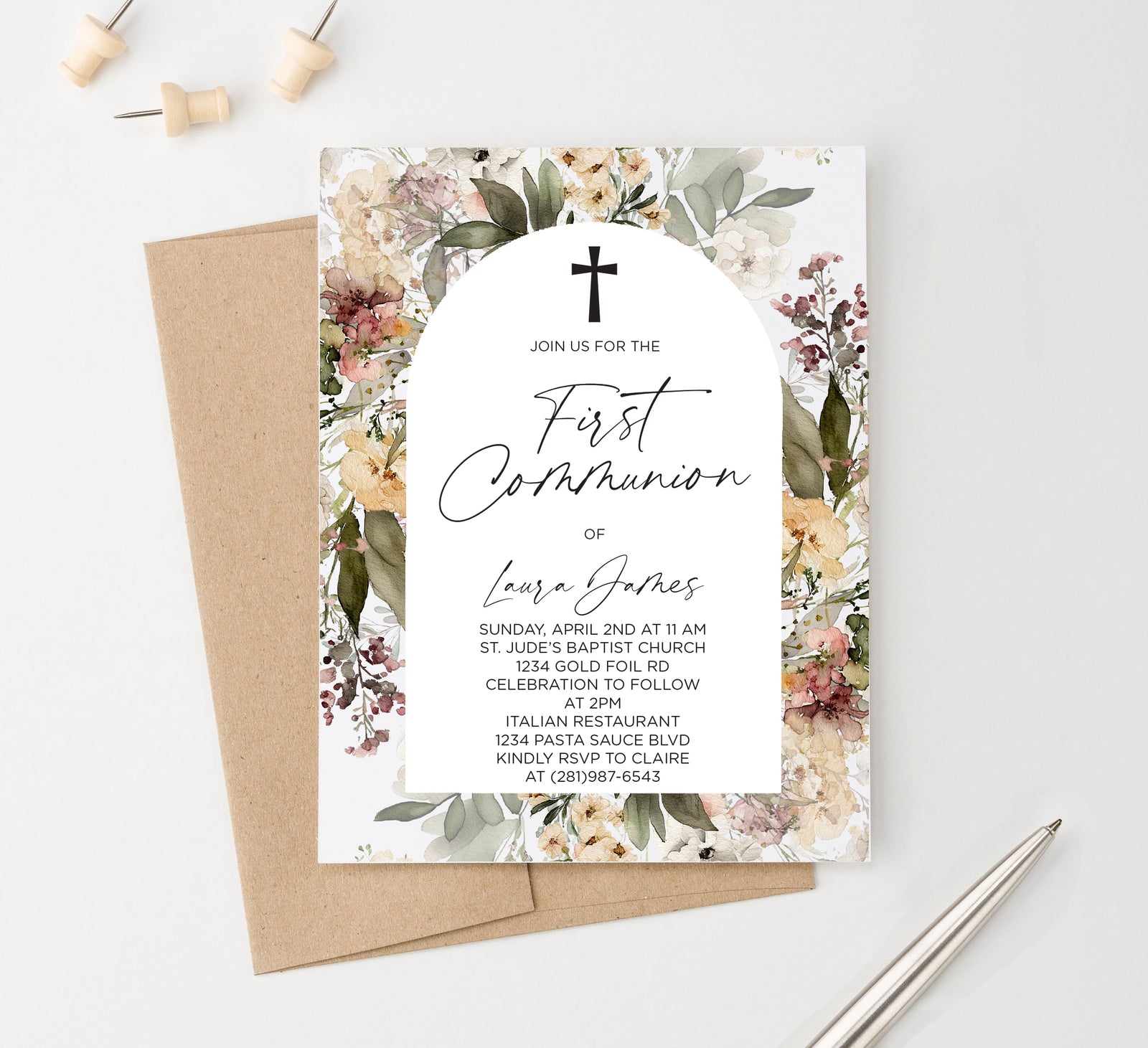 Elegant Communion Invitations With Floral Arch