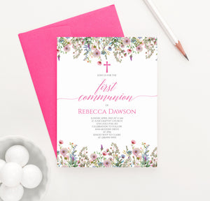Personalized Communion Invitations With Pink Florals
