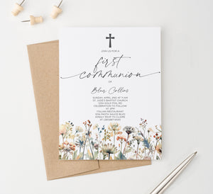 Simple Custom First Communion Invitations With Wildflowers