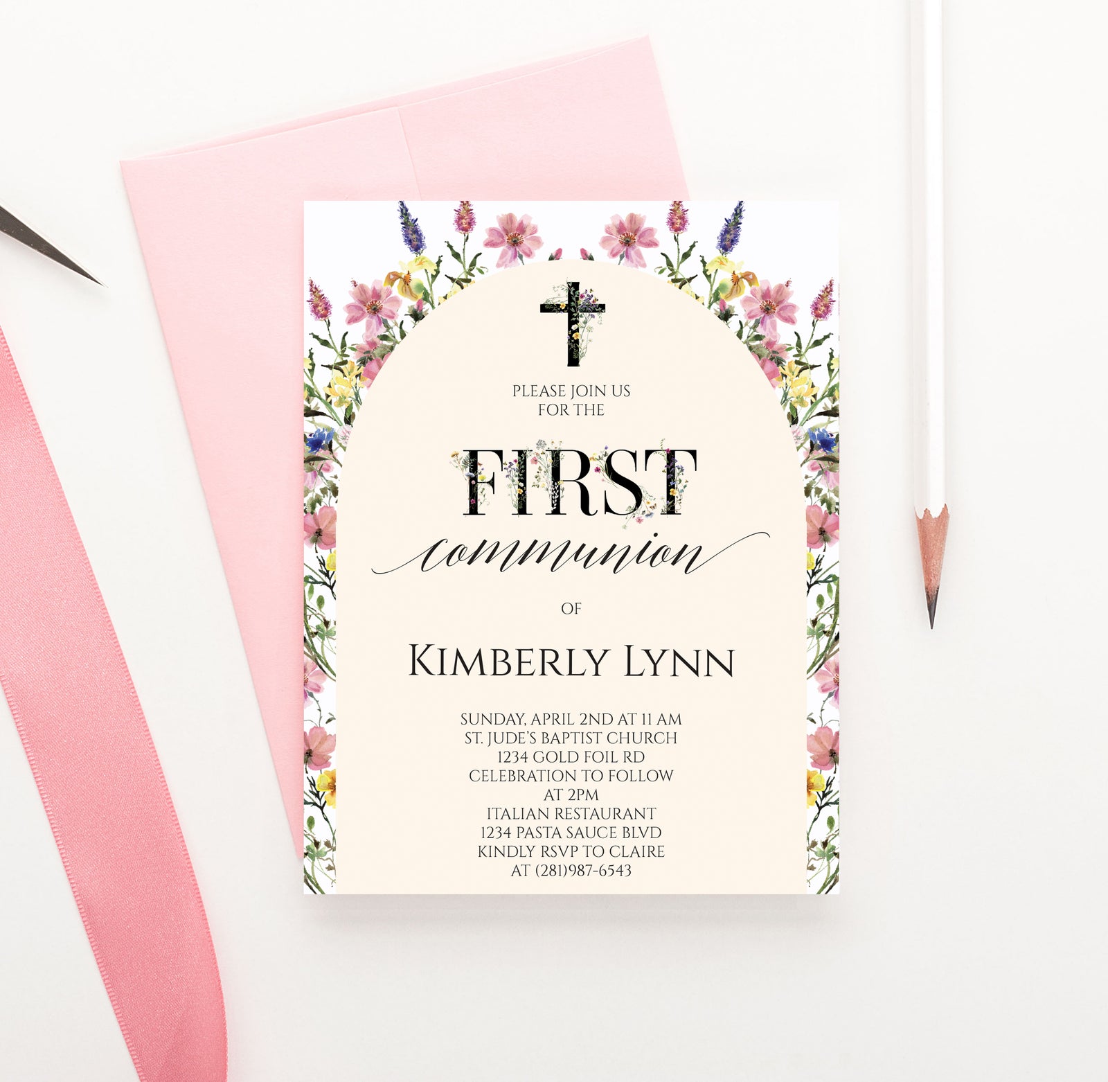 Modern 1st Holy Communion Invitation With Wildflower Arch