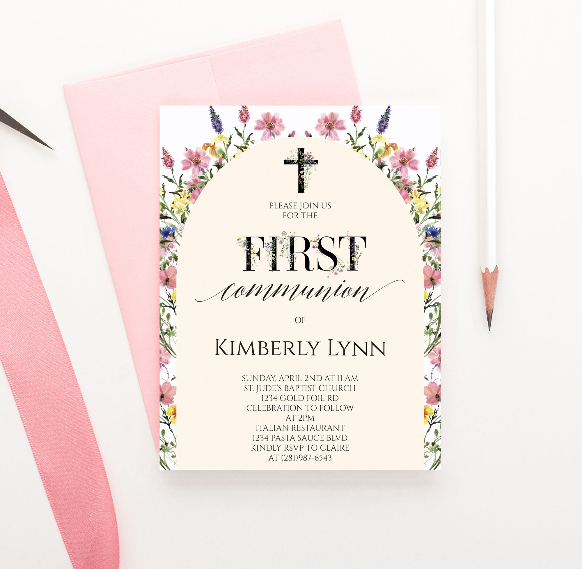 Modern 1st Holy Communion Invitation With Wildflower Arch