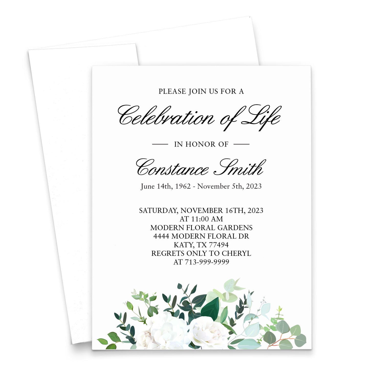 White Floral Personalised Funeral Invitations With Greenery