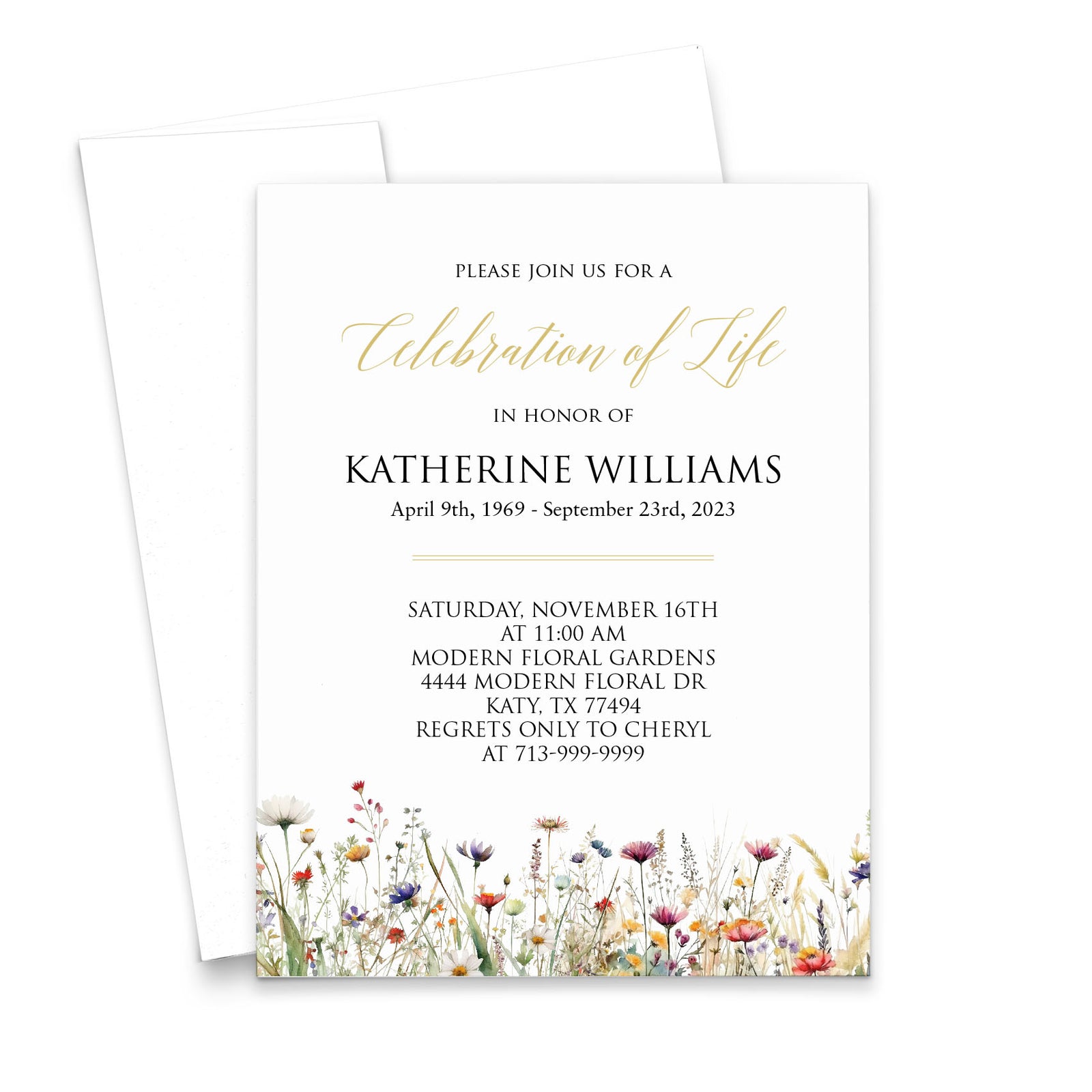 Custom Funeral Invitation Cards With Watercolor Wildflowers