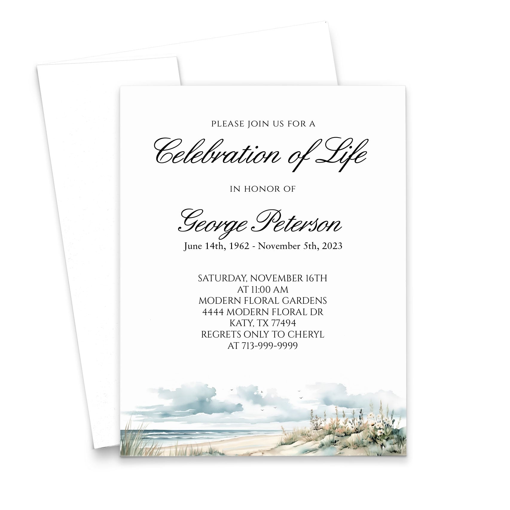 Personalized Funeral Announcement Card With Watercolor Beach