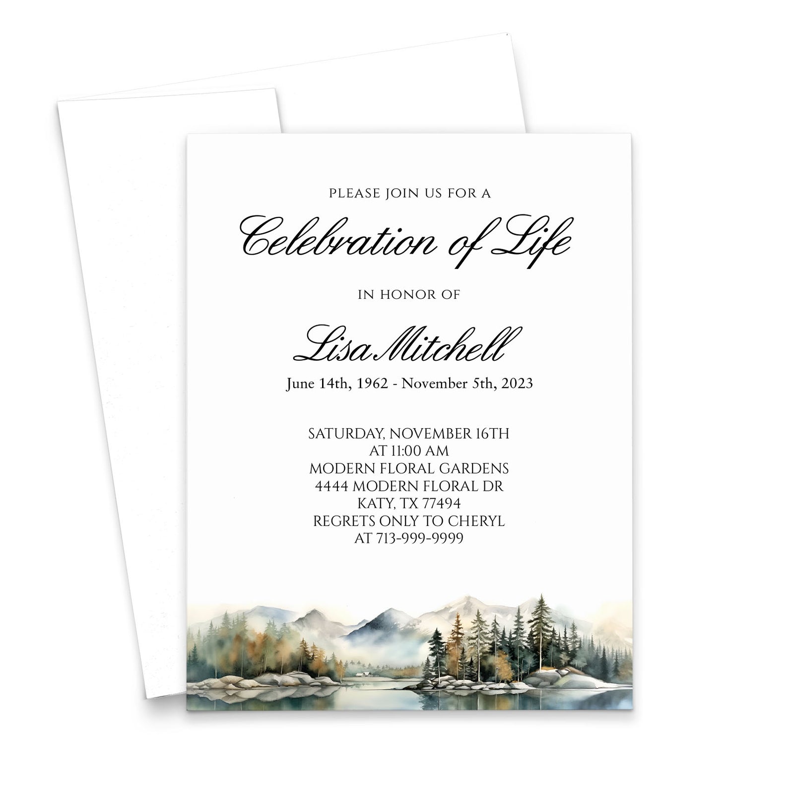 Watercolor Celebration Of Life Invitations With Mountains