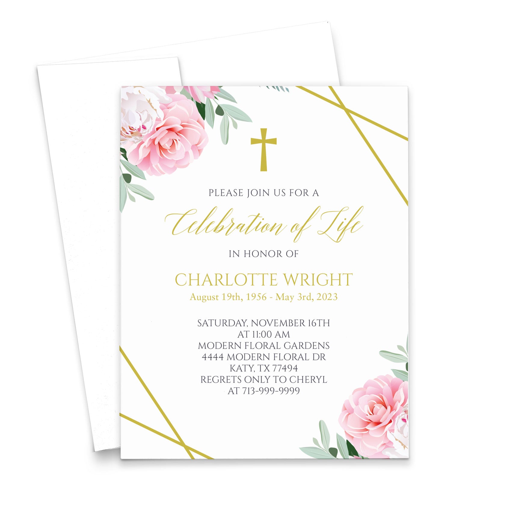 Pink Floral Funeral Announcement Invitations With Border