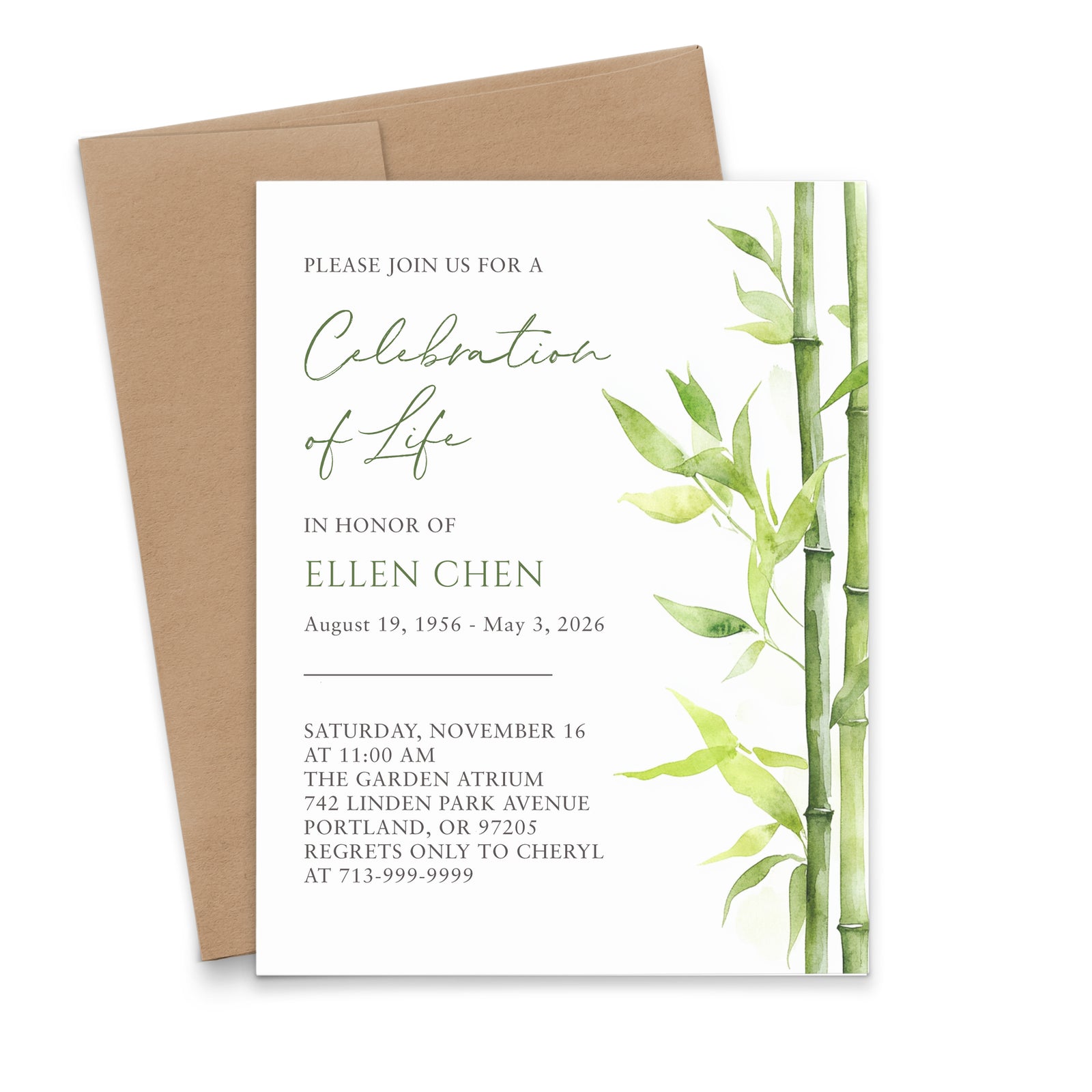 Watercolor Bamboo Celebration Of Life Invitations
