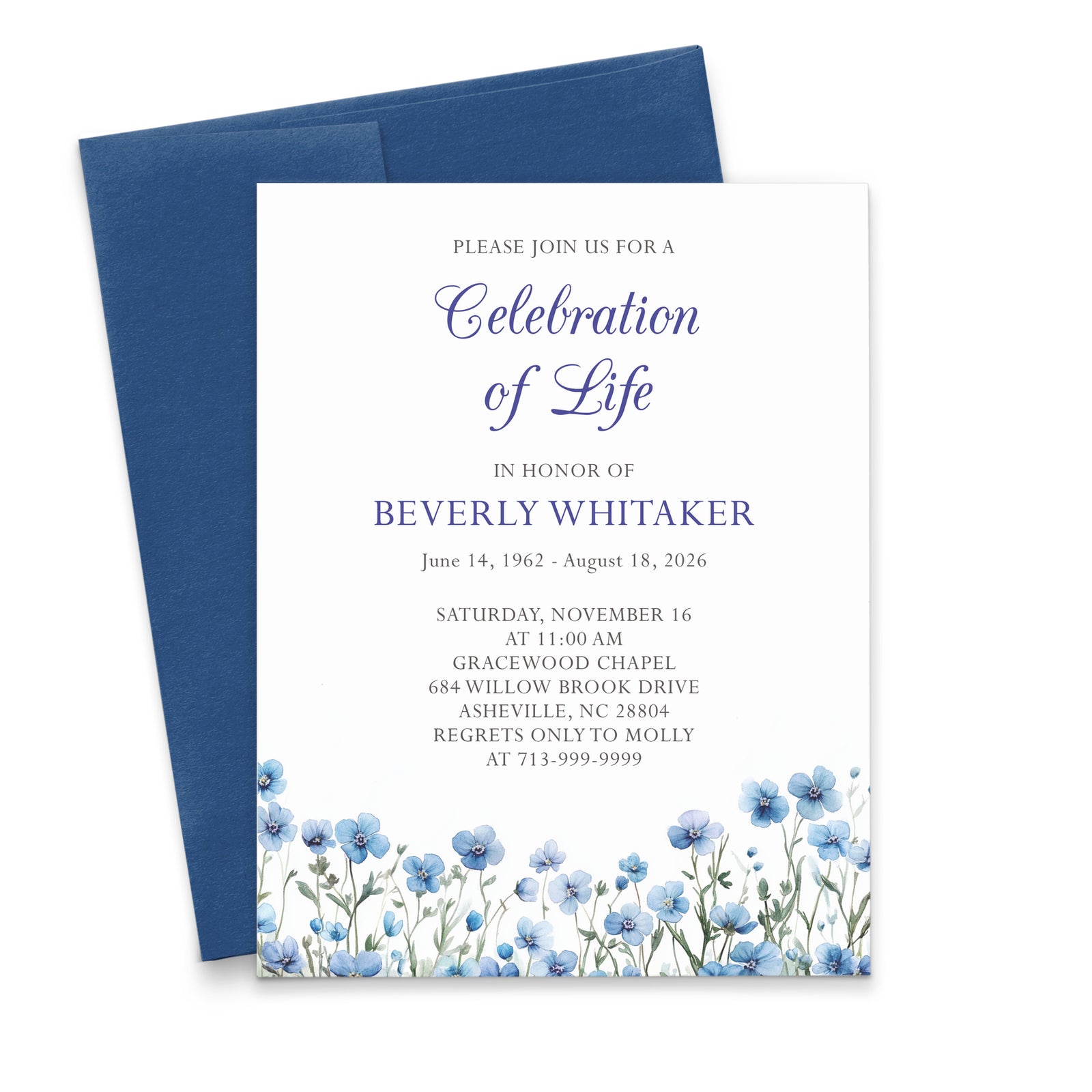 Blue Wildflower Funeral Invitations Personalized