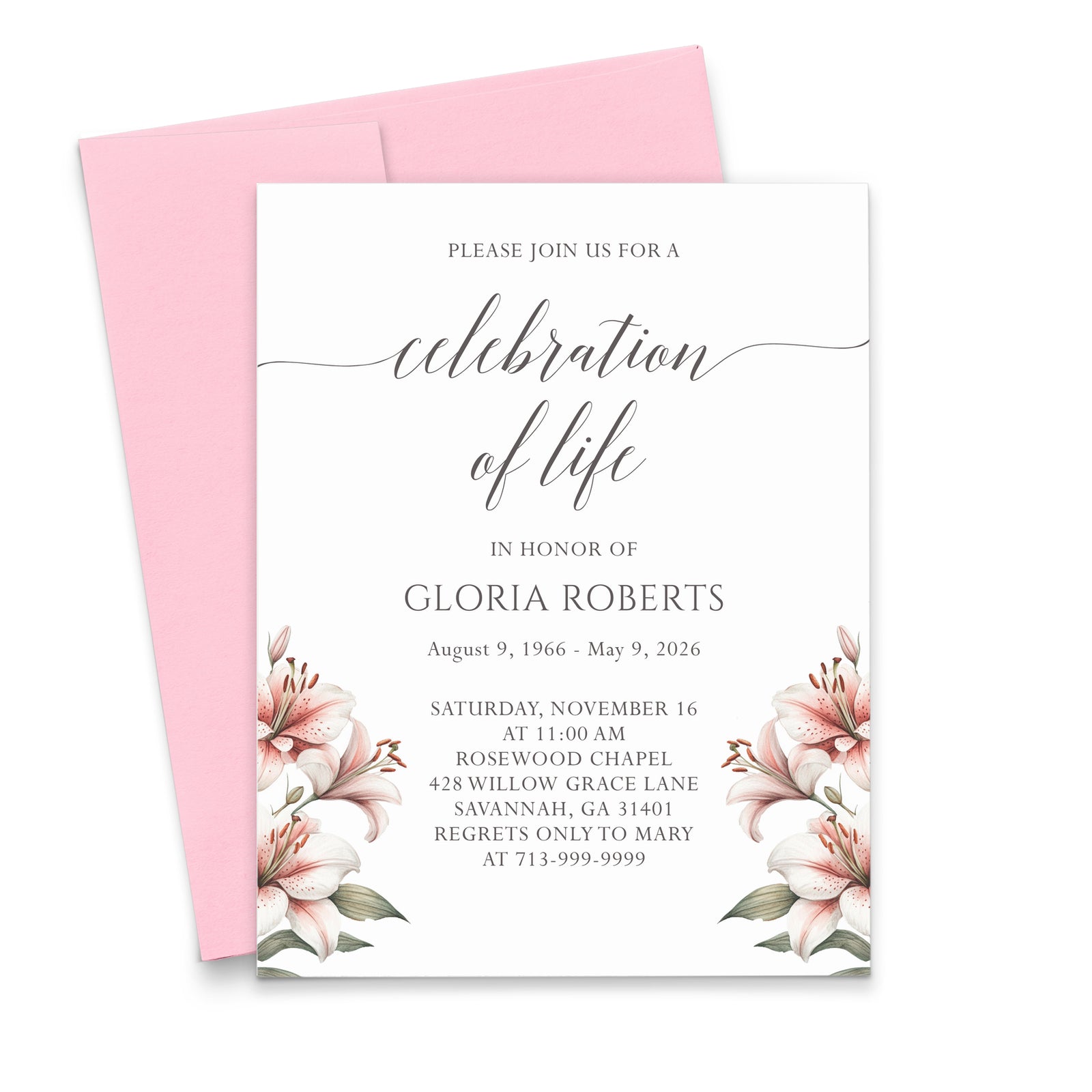 Elegant Lily Celebration Of Life Invitations