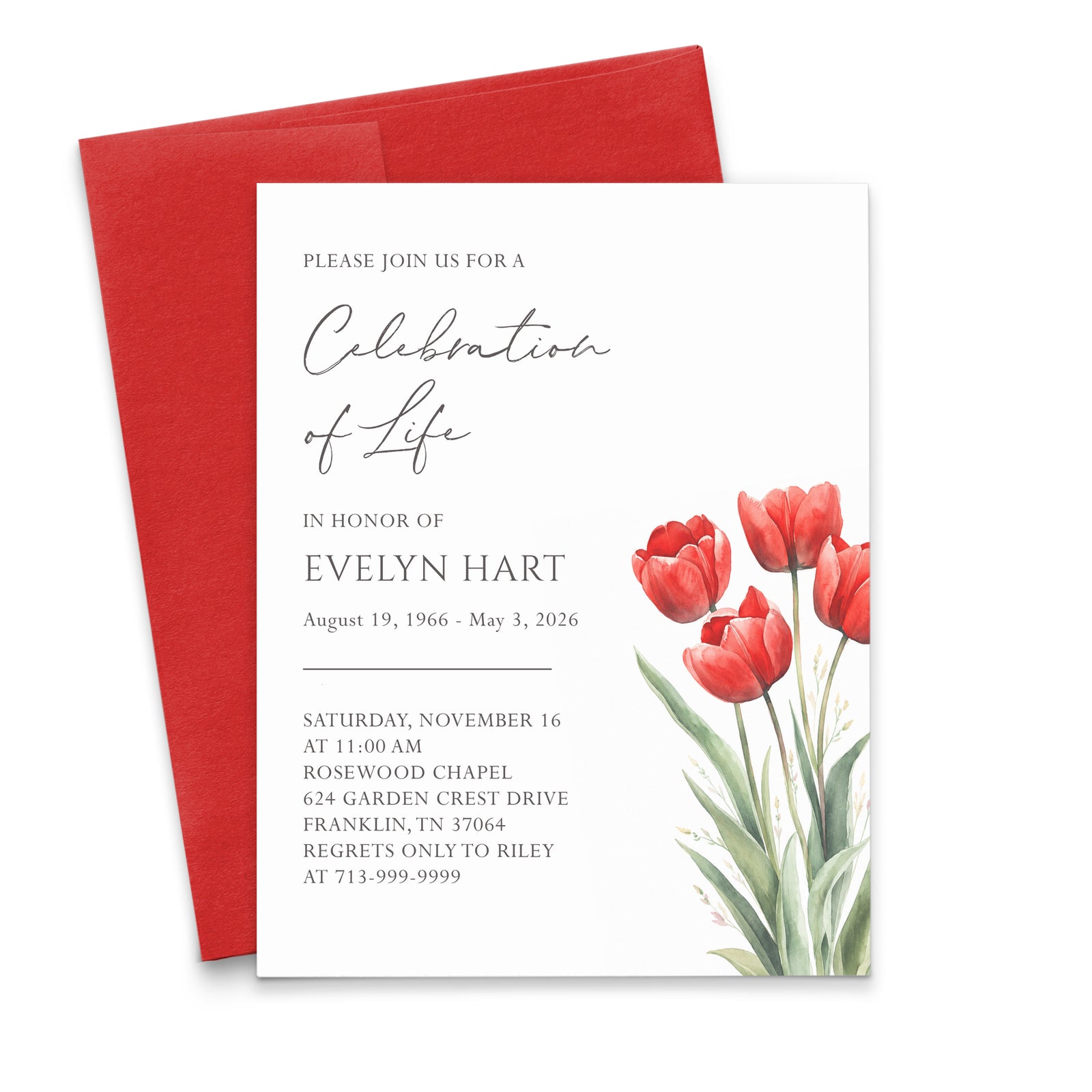 Red Tulip Funeral Invitations Personalized