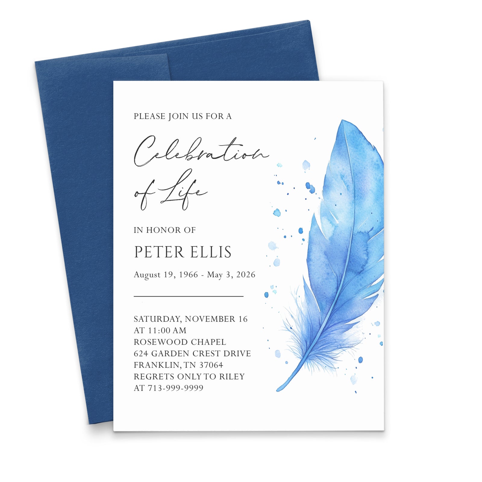 Blue Feather Celebration Of Life Invitations