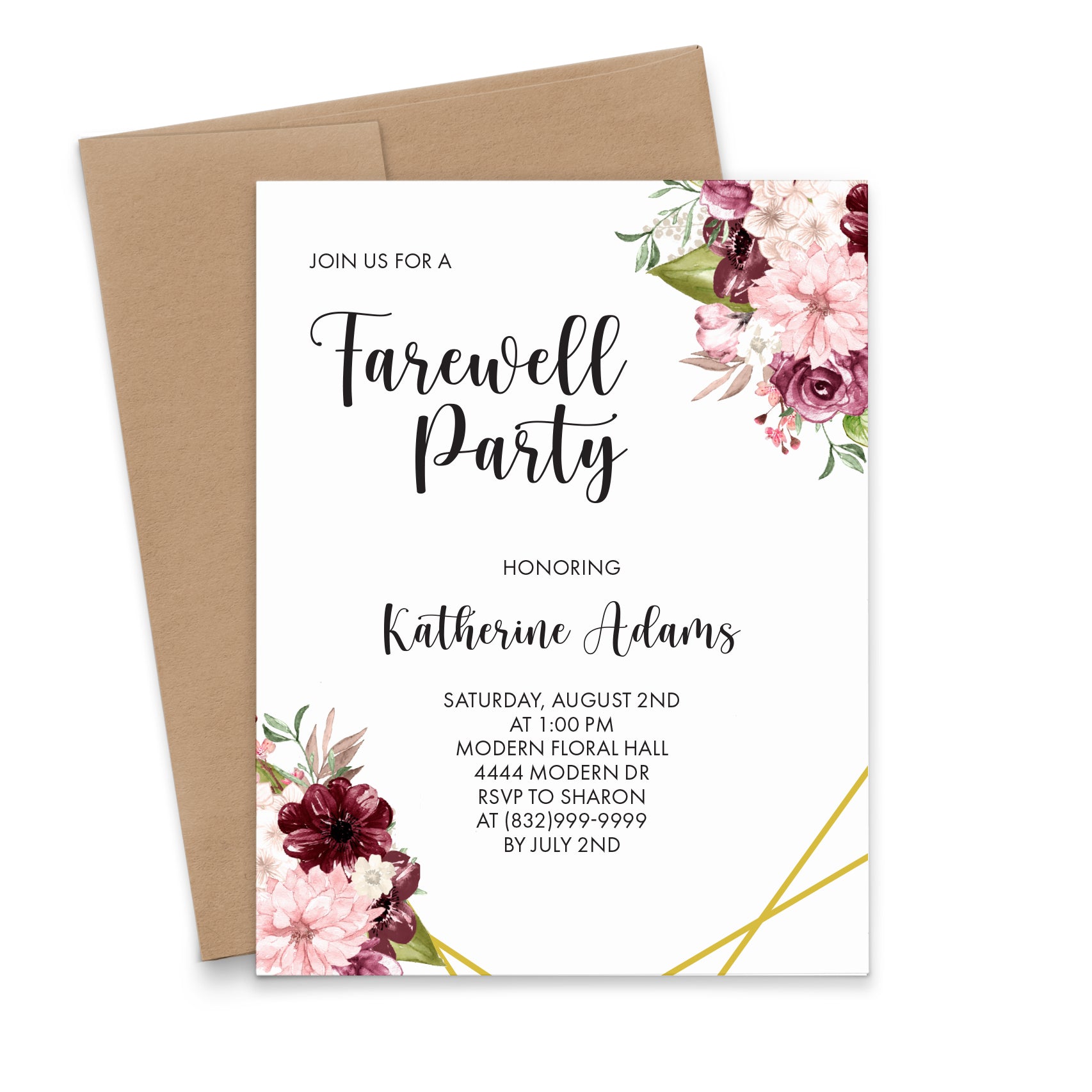 Burgundy And Gold Farewell Party Invitations With Flowers