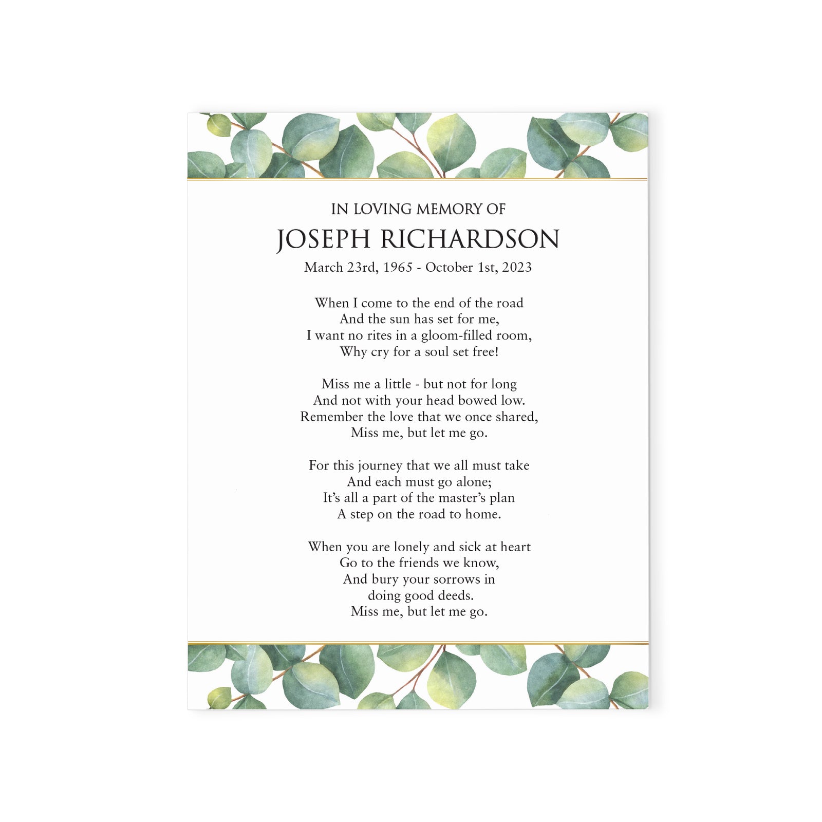 Elegant Botanical Custom Prayer Cards For Funeral