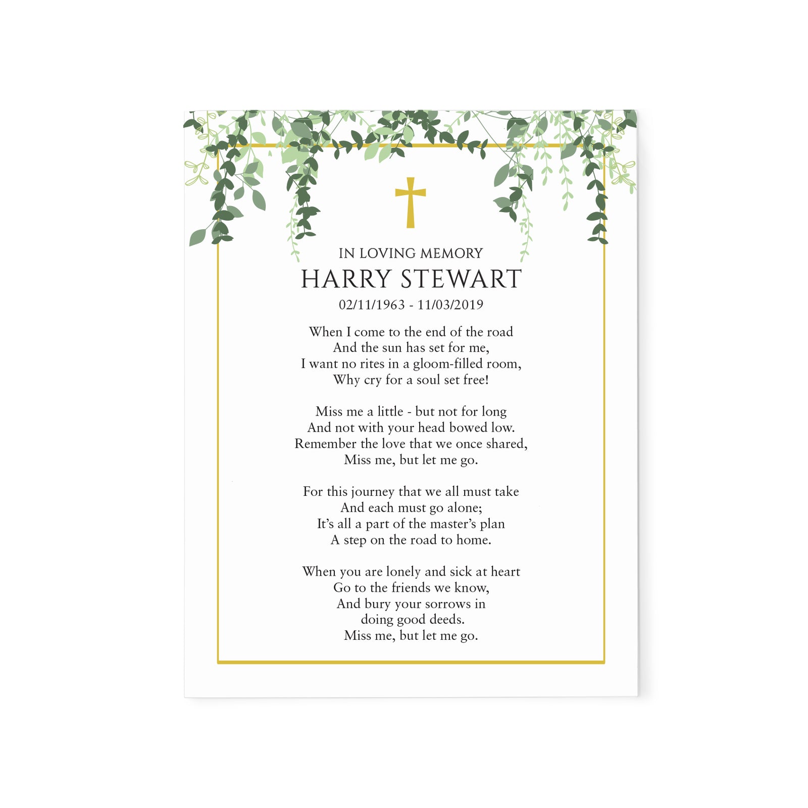 Greenery Personalized Prayer Cards With Gold Border