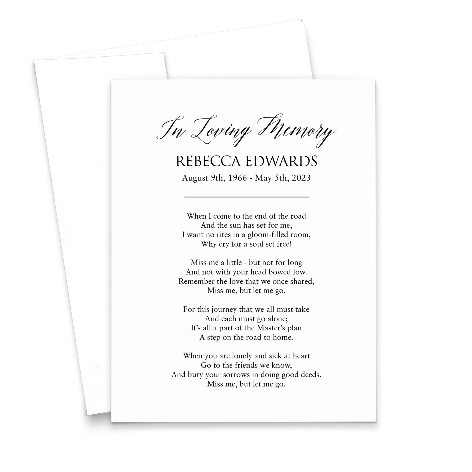 Simple Celebration Of Life Prayer Cards Personalized