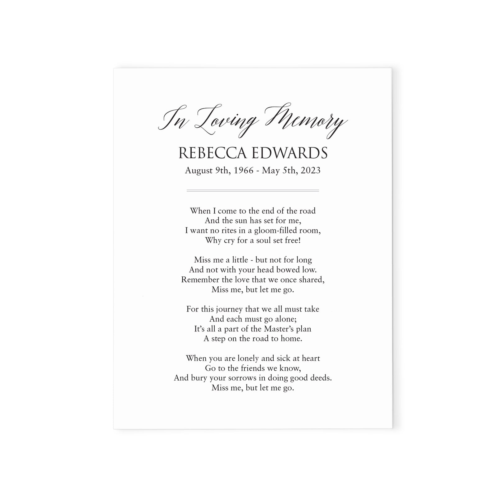 Simple Celebration Of Life Prayer Cards Personalized