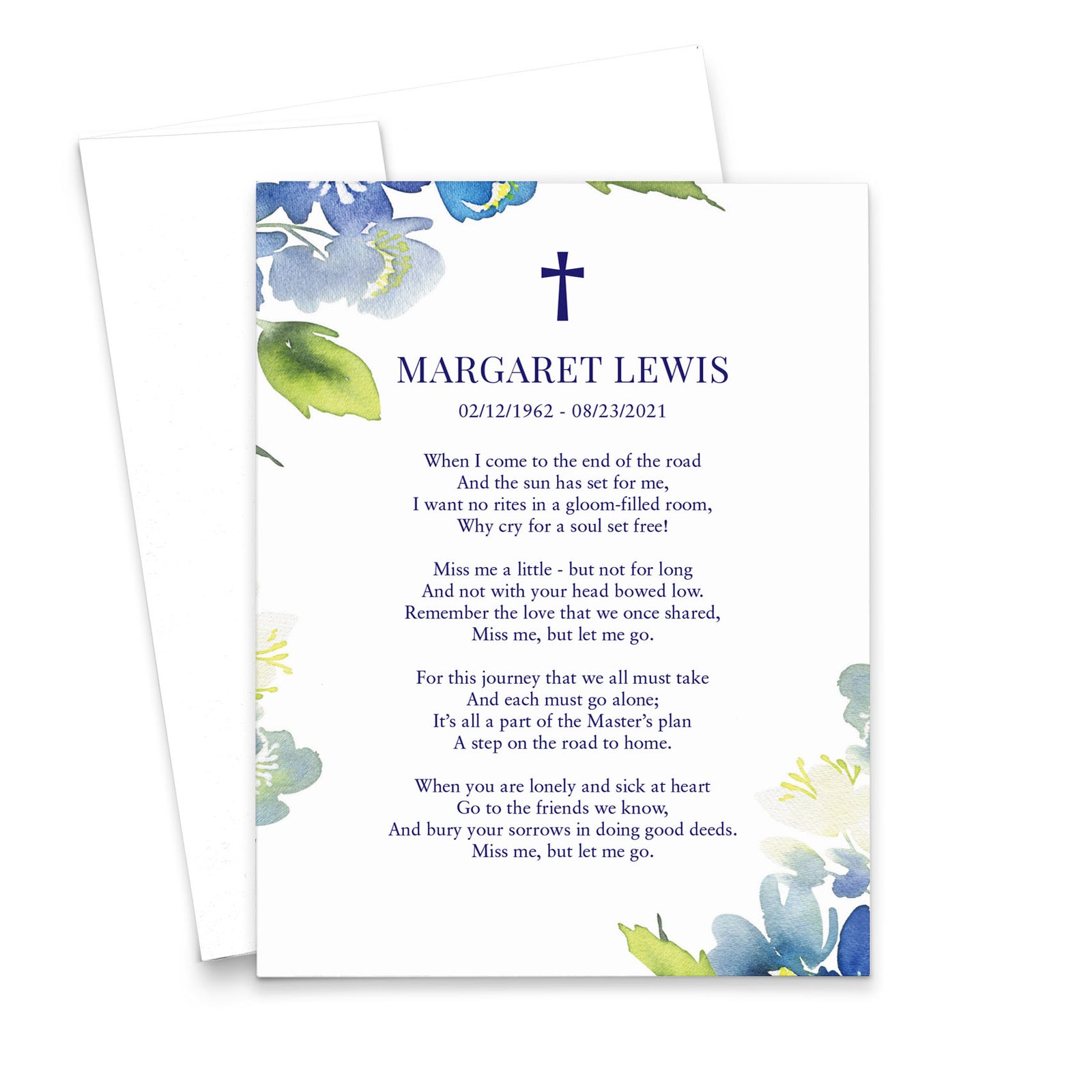 Customized Memorial Prayer Card With Blue Flowers
