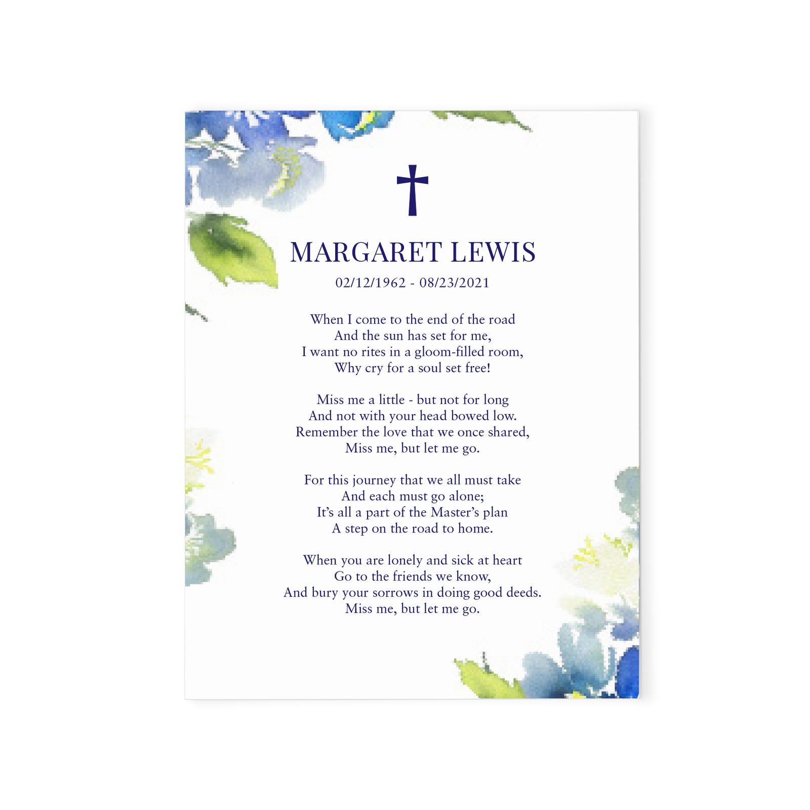 Customized Memorial Prayer Card With Blue Flowers