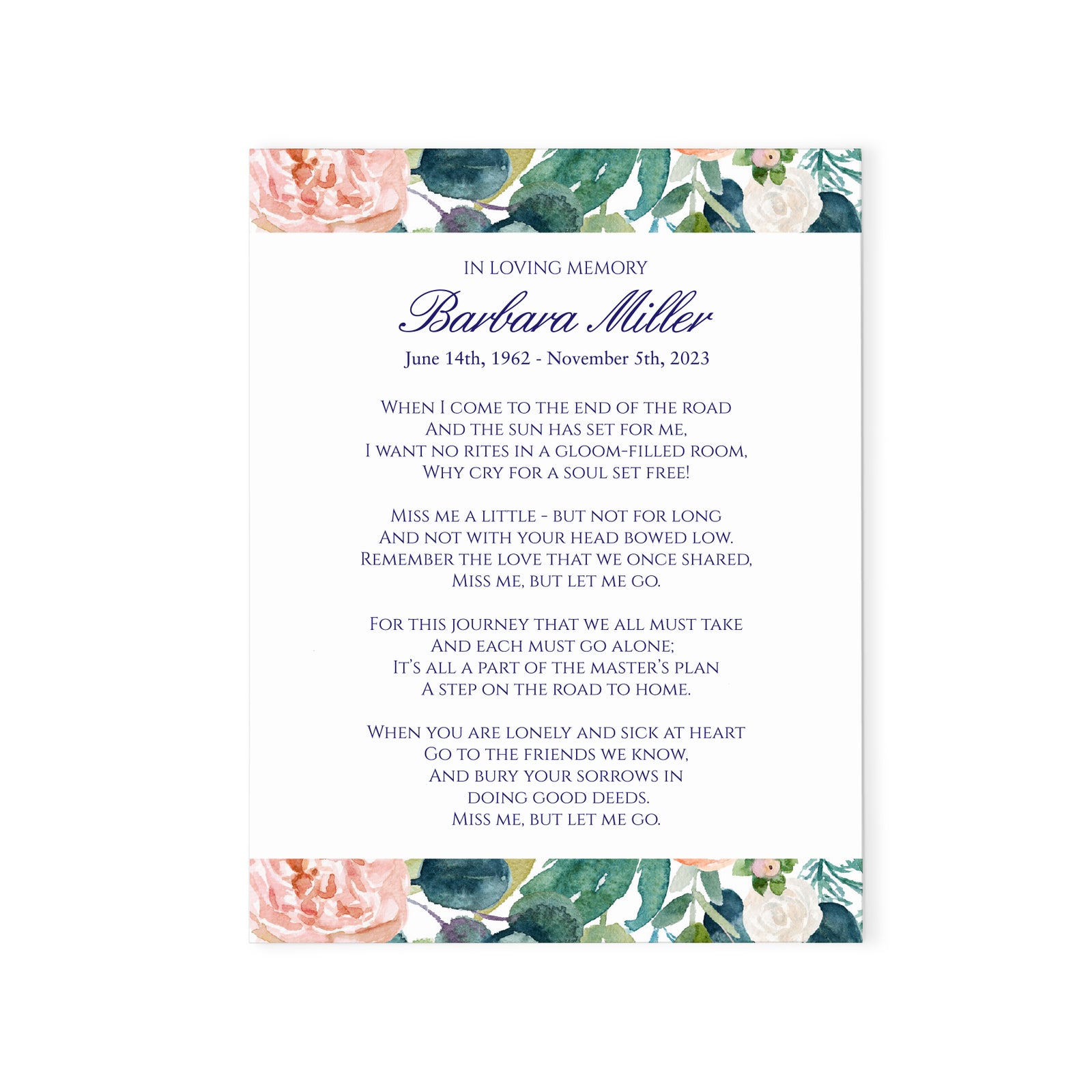 Custom Made Memorial Prayer Card With Floral Border