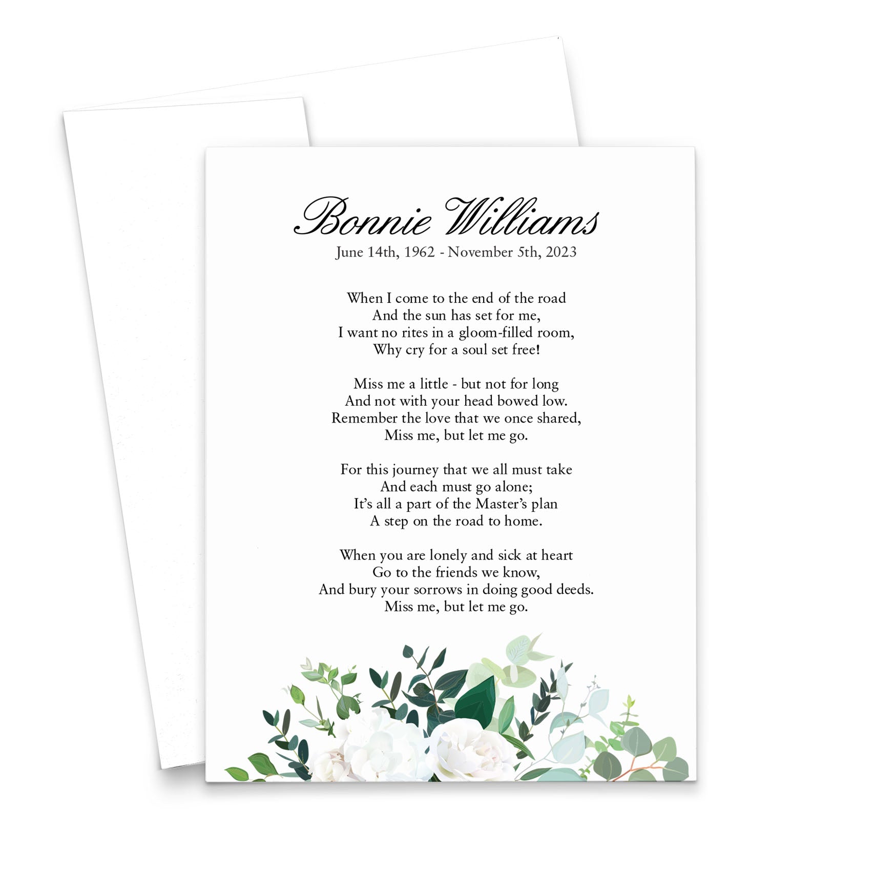 White Floral Custom Memorial Prayer Card For Funeral