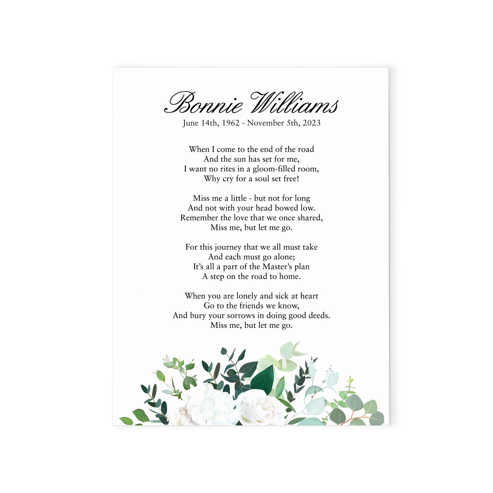 White Floral Custom Memorial Prayer Card For Funeral