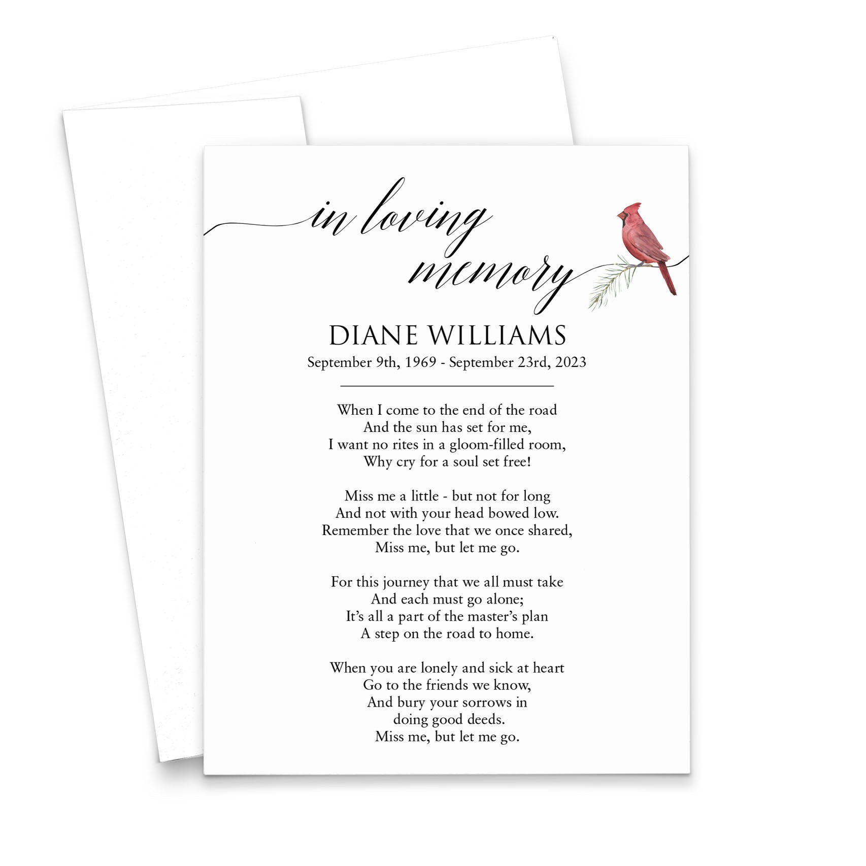 Elegant Custom Funeral Prayer Cards With Red Cardinal