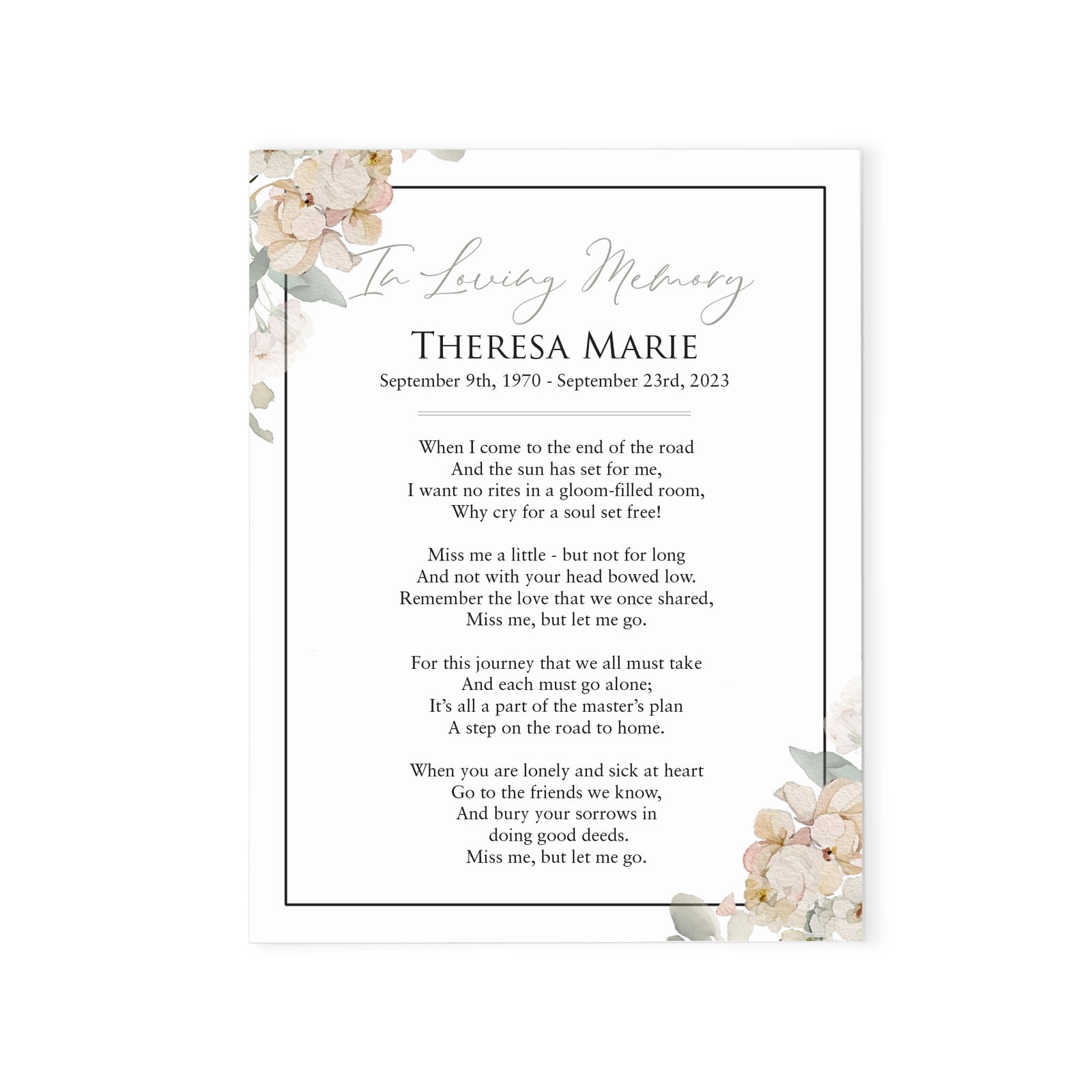 Watercolor Floral Funeral Prayer Cards With Border