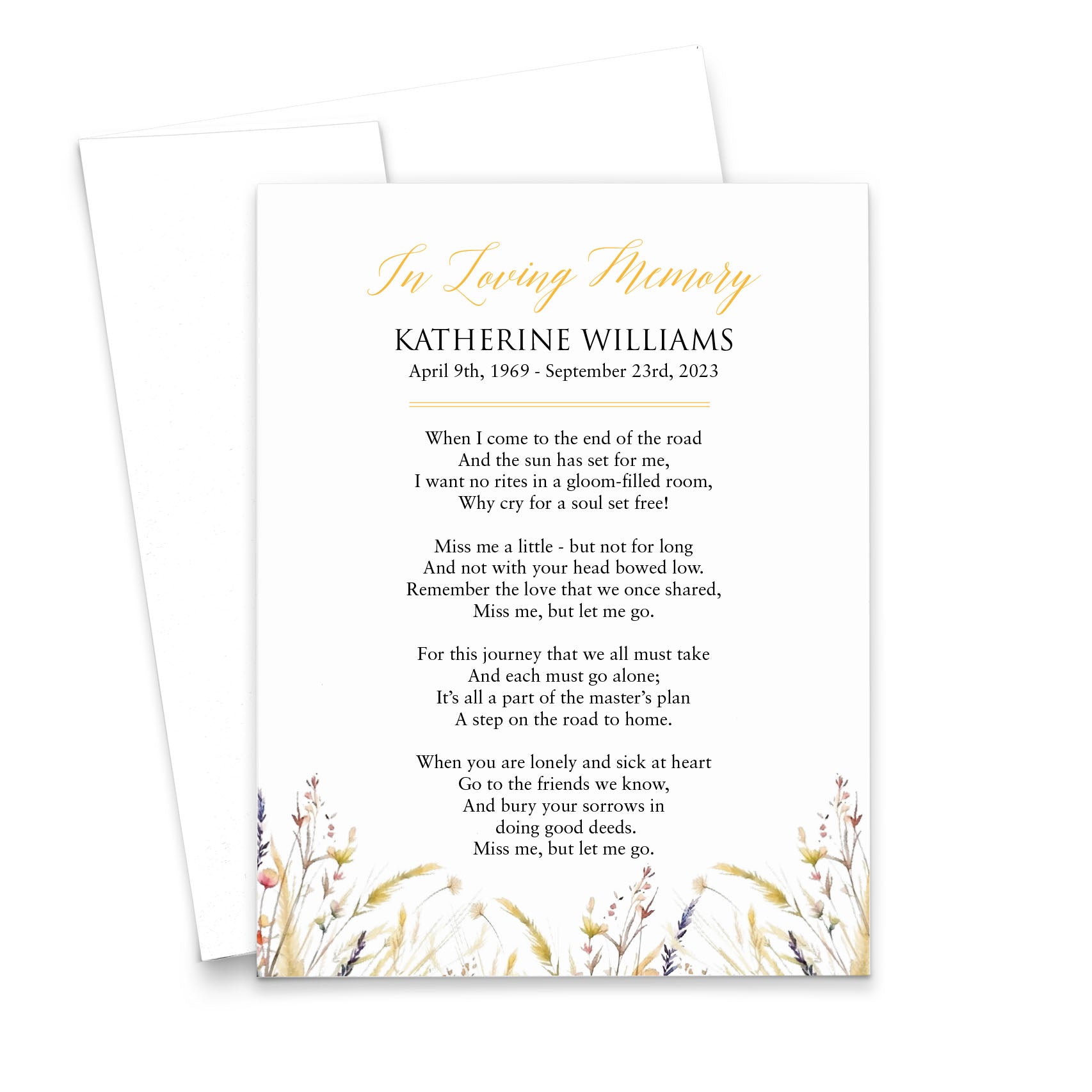 Personalized Celebration Of Life Prayer Cards With Wildflowers