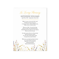Personalized Celebration Of Life Prayer Cards With Wildflowers