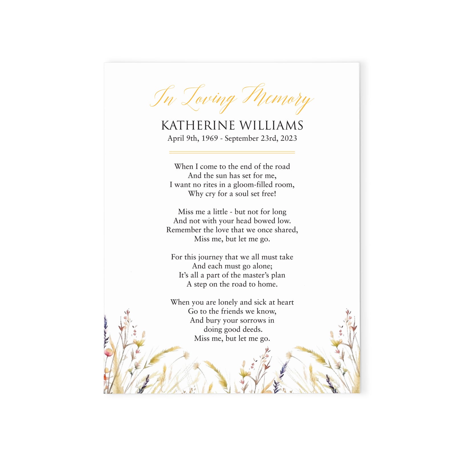 Personalized Celebration Of Life Prayer Cards With Wildflowers