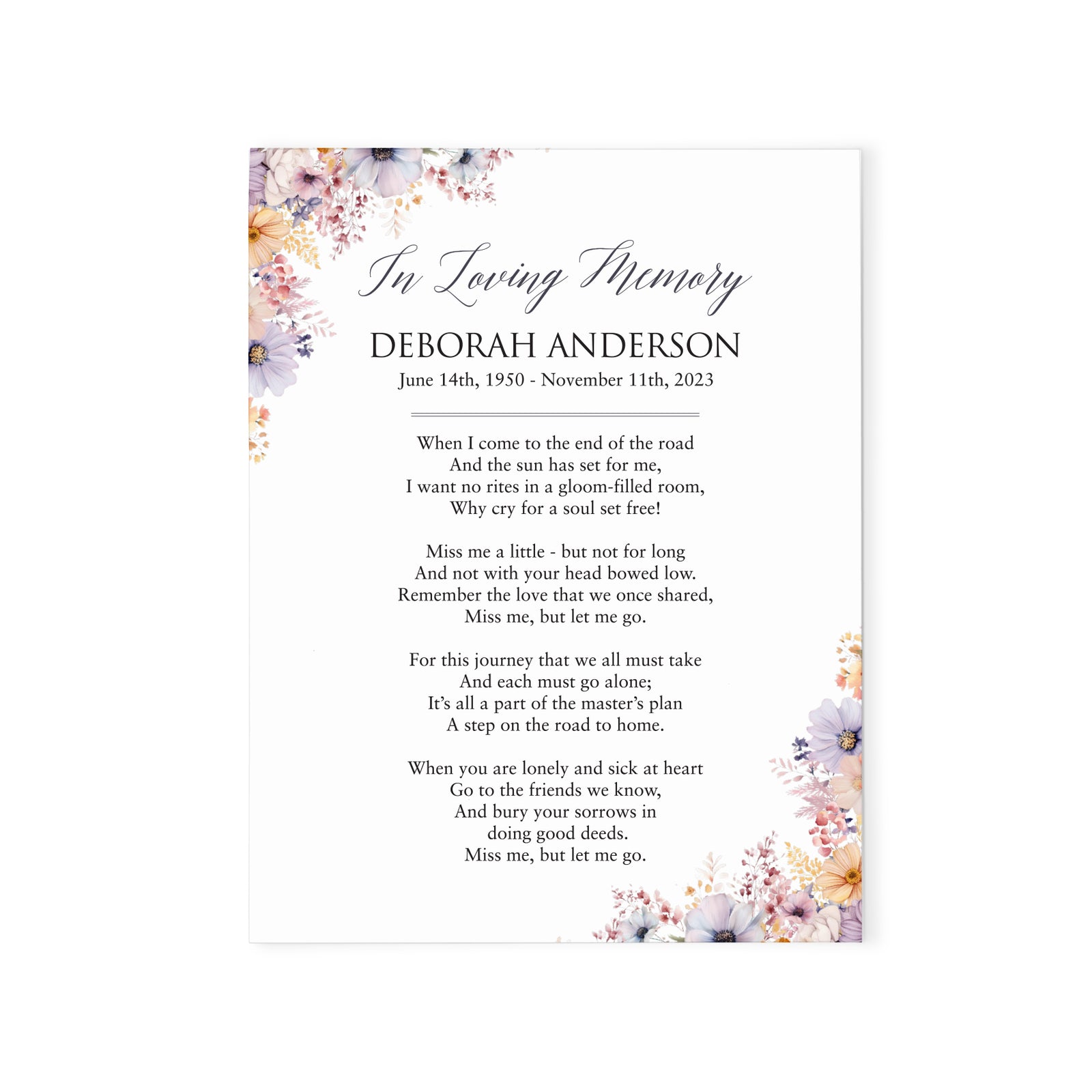Custom Prayer Cards For Celebration Of Life With Floral Corners
