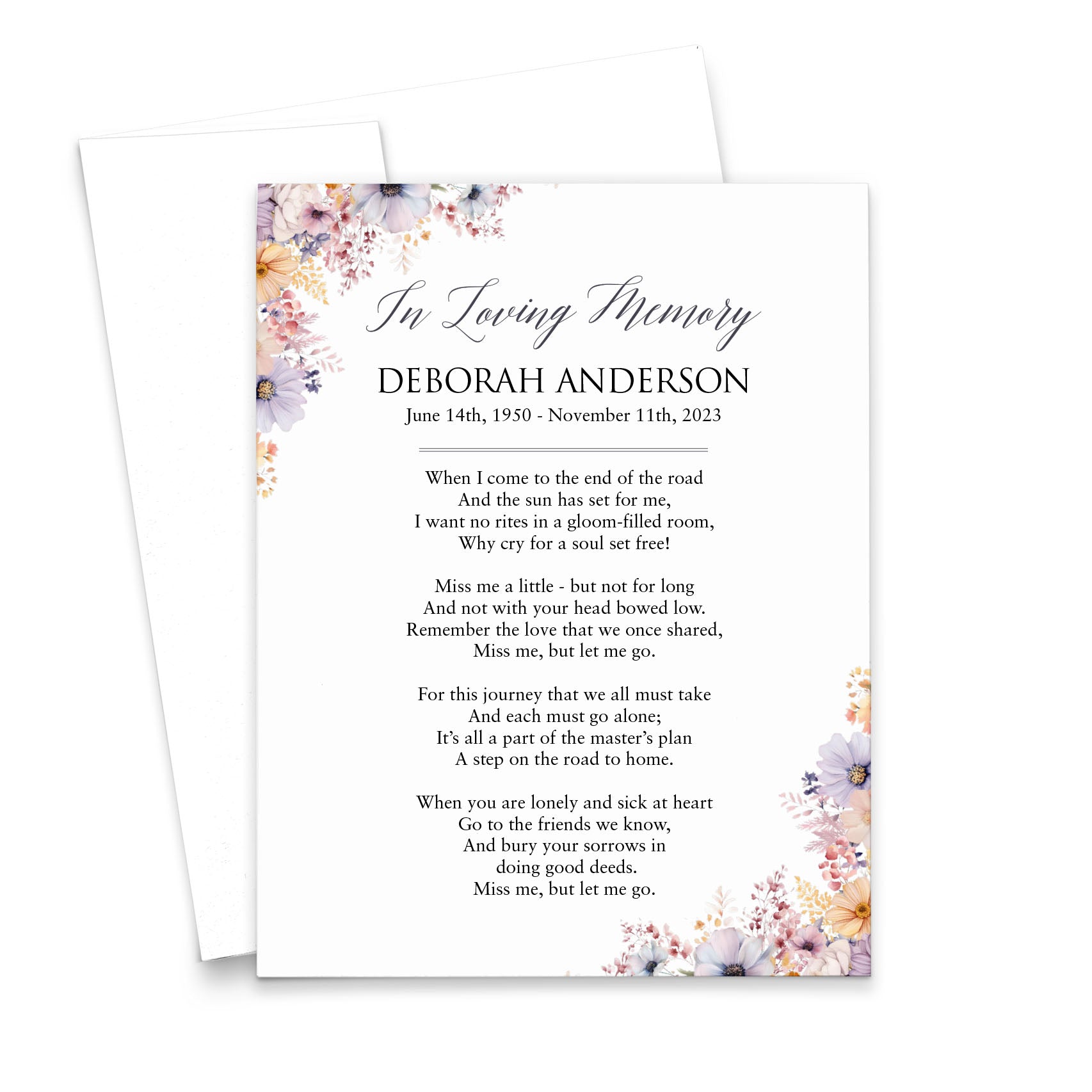 Custom Prayer Cards For Celebration Of Life With Floral Corners