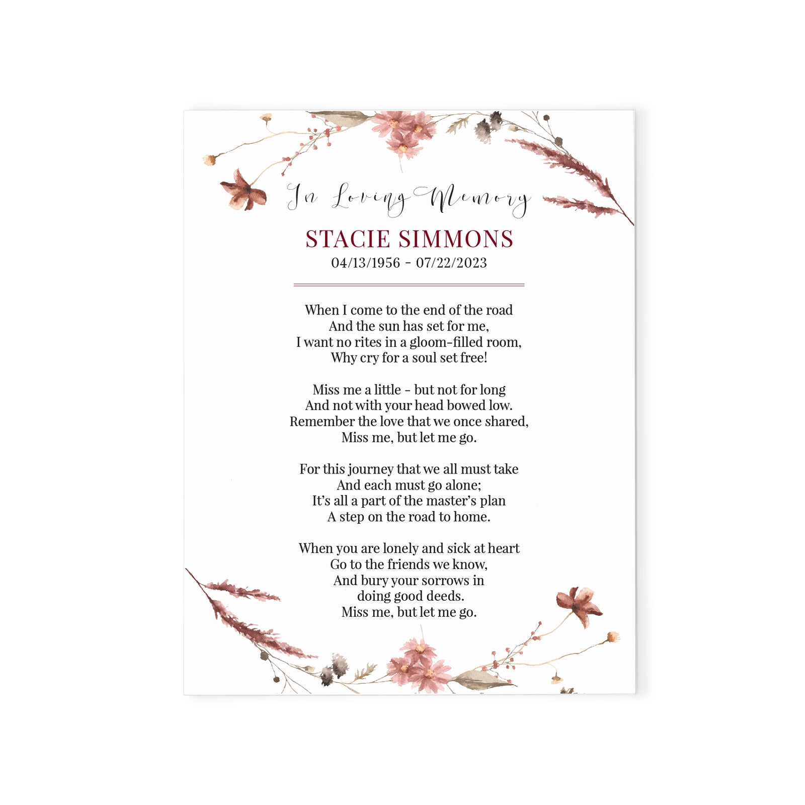 Rustic Personalized Funeral Prayer Cards With Wreath