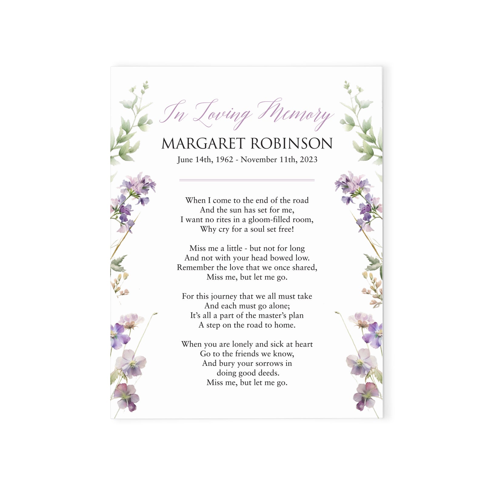 Custom Botanical Prayer Cards With Lavender Flowers