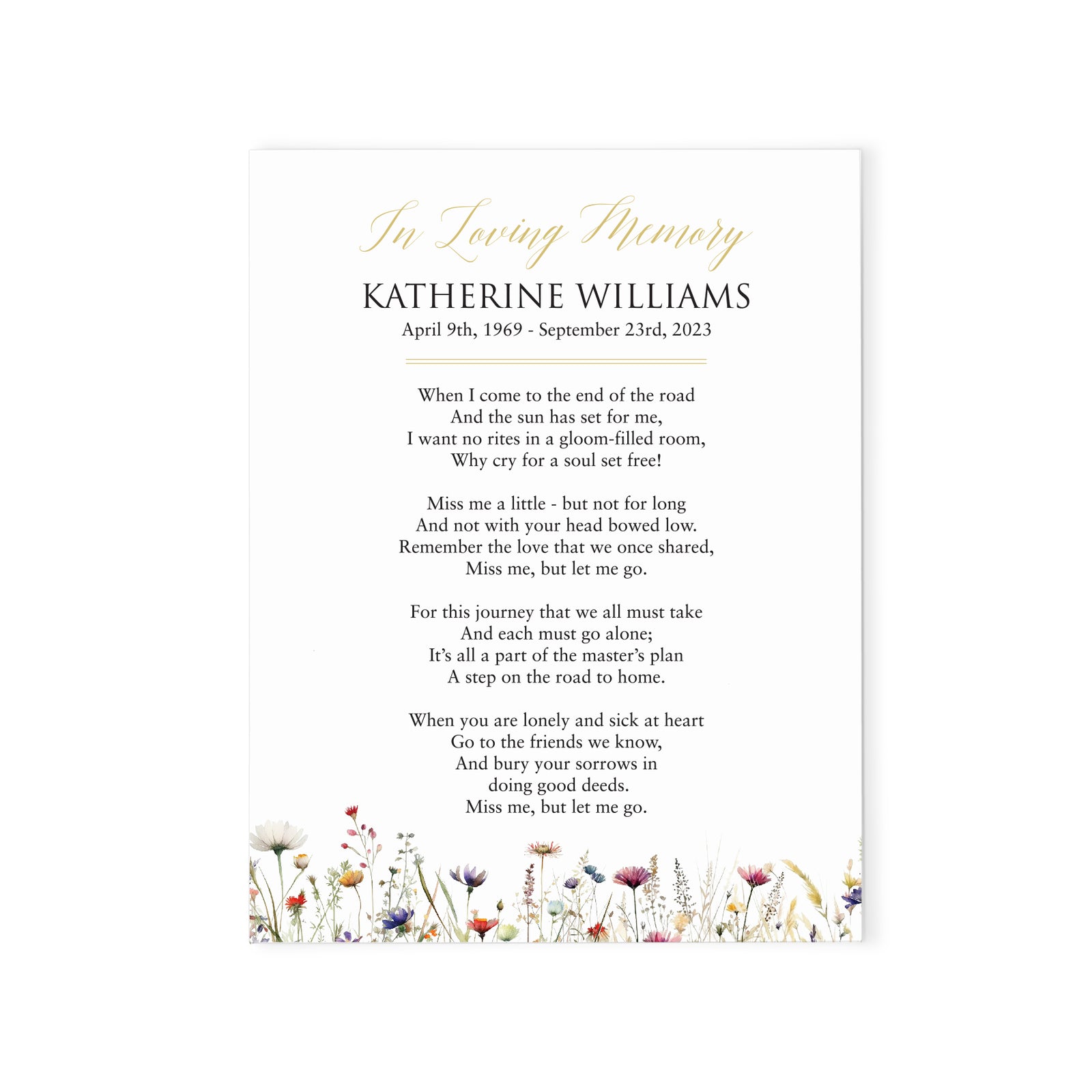 Personalized Memorial Prayer Cards With Wildflowers