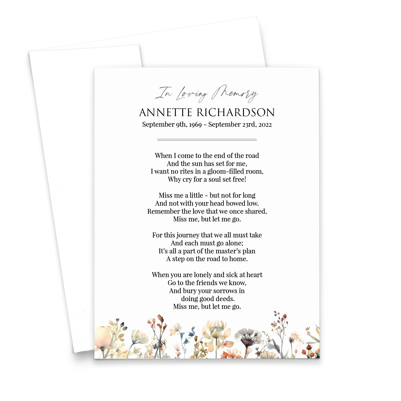 Classy Watercolor Funeral Prayer Cards With Wildflowers