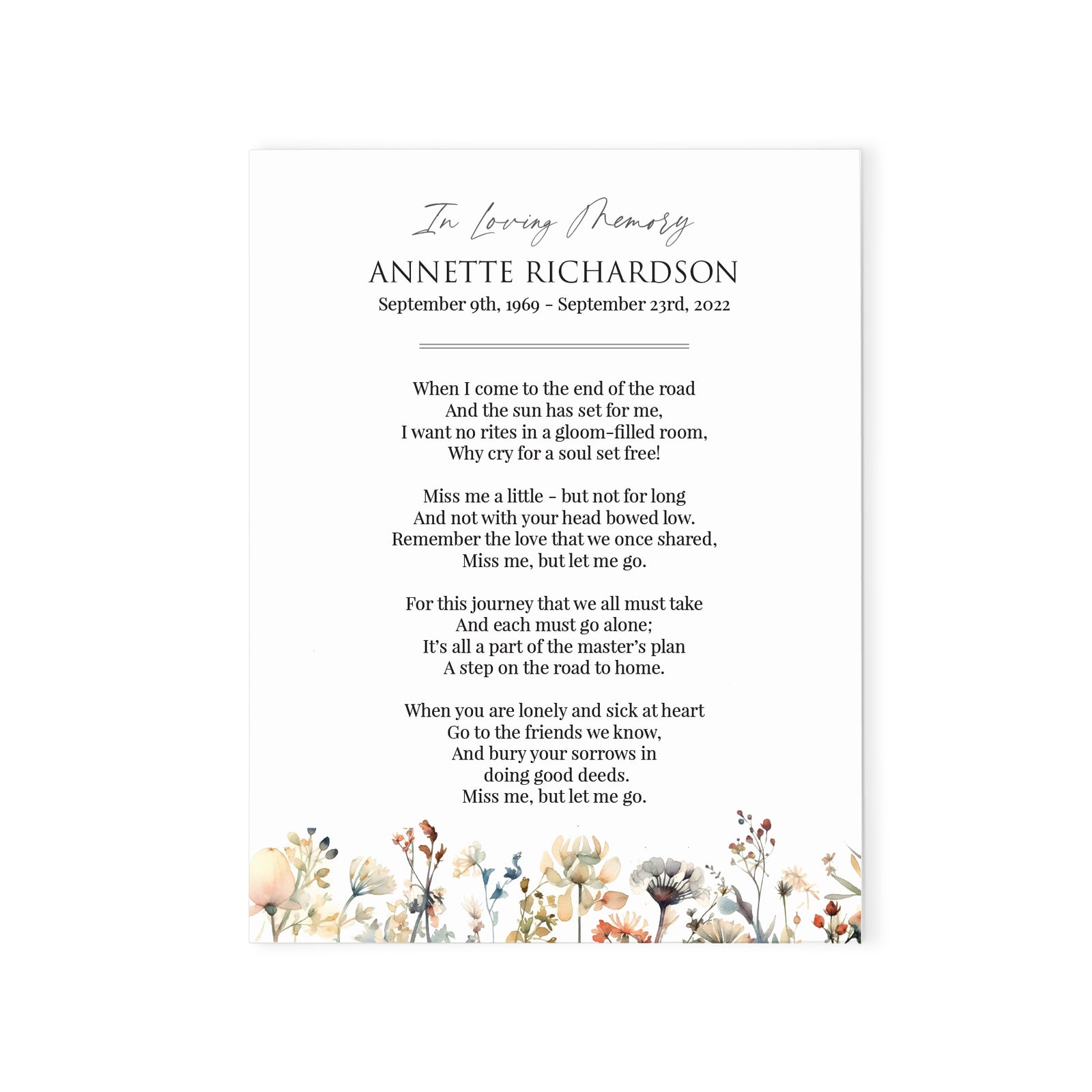 Classy Watercolor Funeral Prayer Cards With Wildflowers