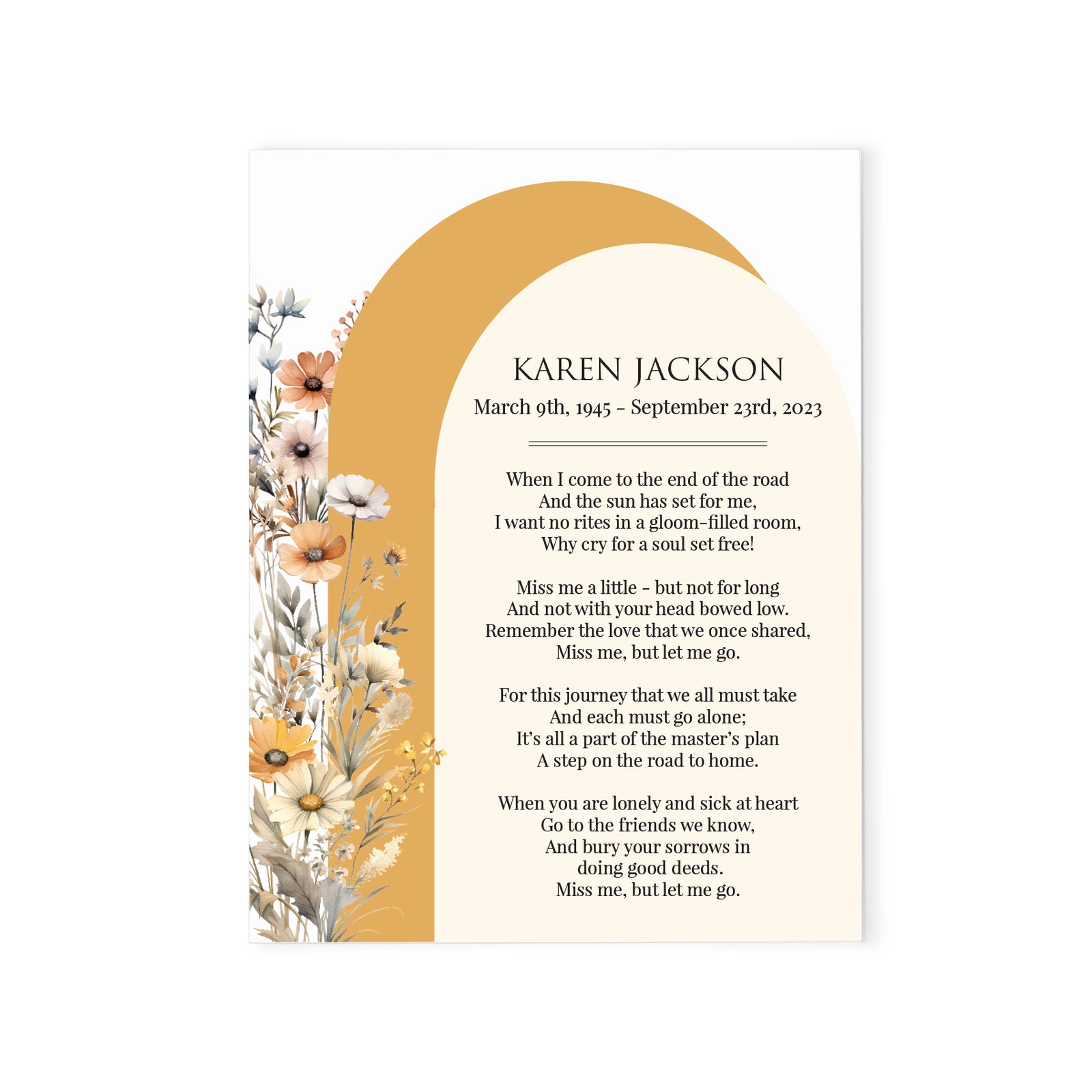 Simple Wildflower Arches Custom Prayer Cards For Funeral