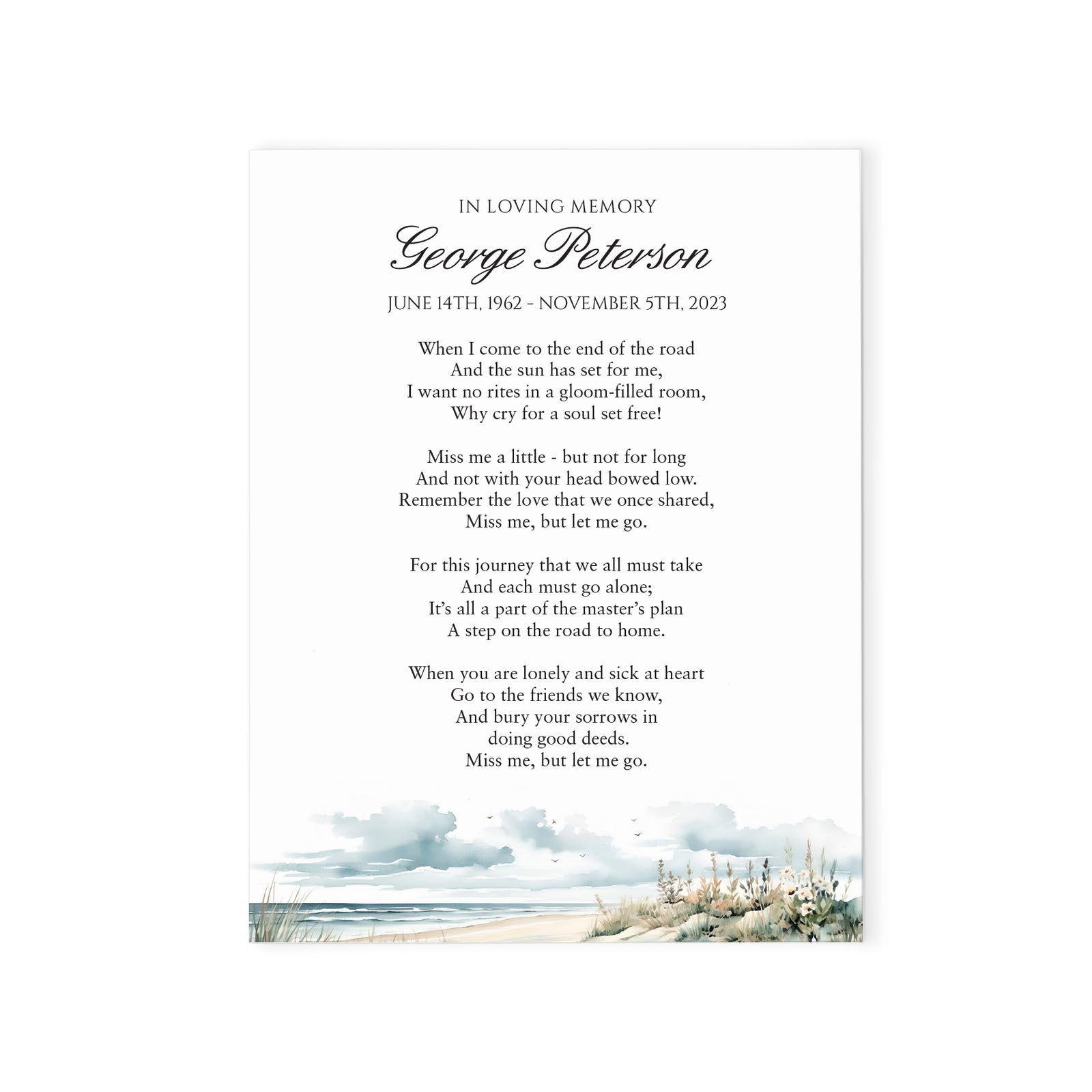 Watercolor Beach Memorial Prayer Cards For Funerals