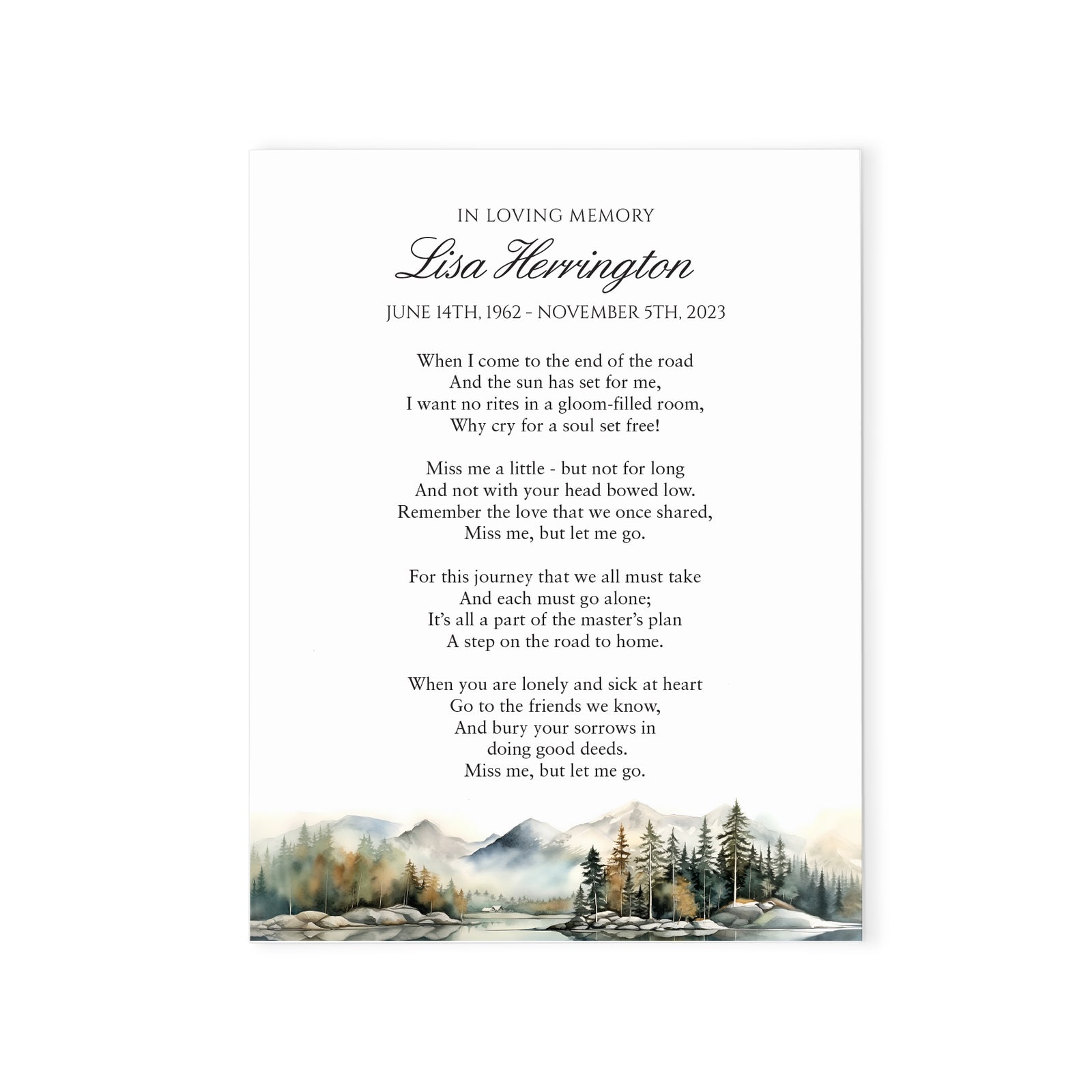 Mountain Landscape Funeral Prayer Cards Watercolor
