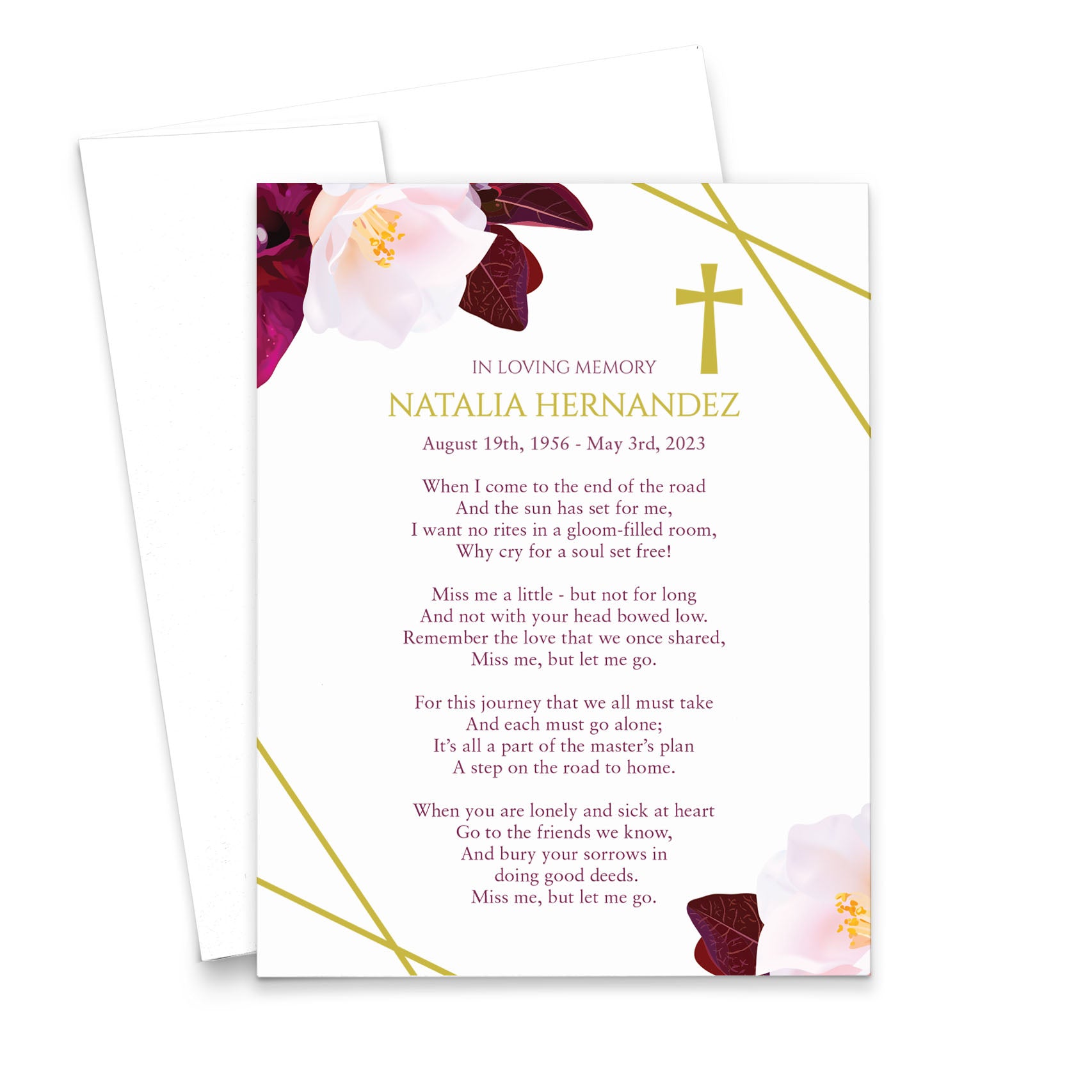 Burgundy Floral Custom Prayer Cards With Gold Border