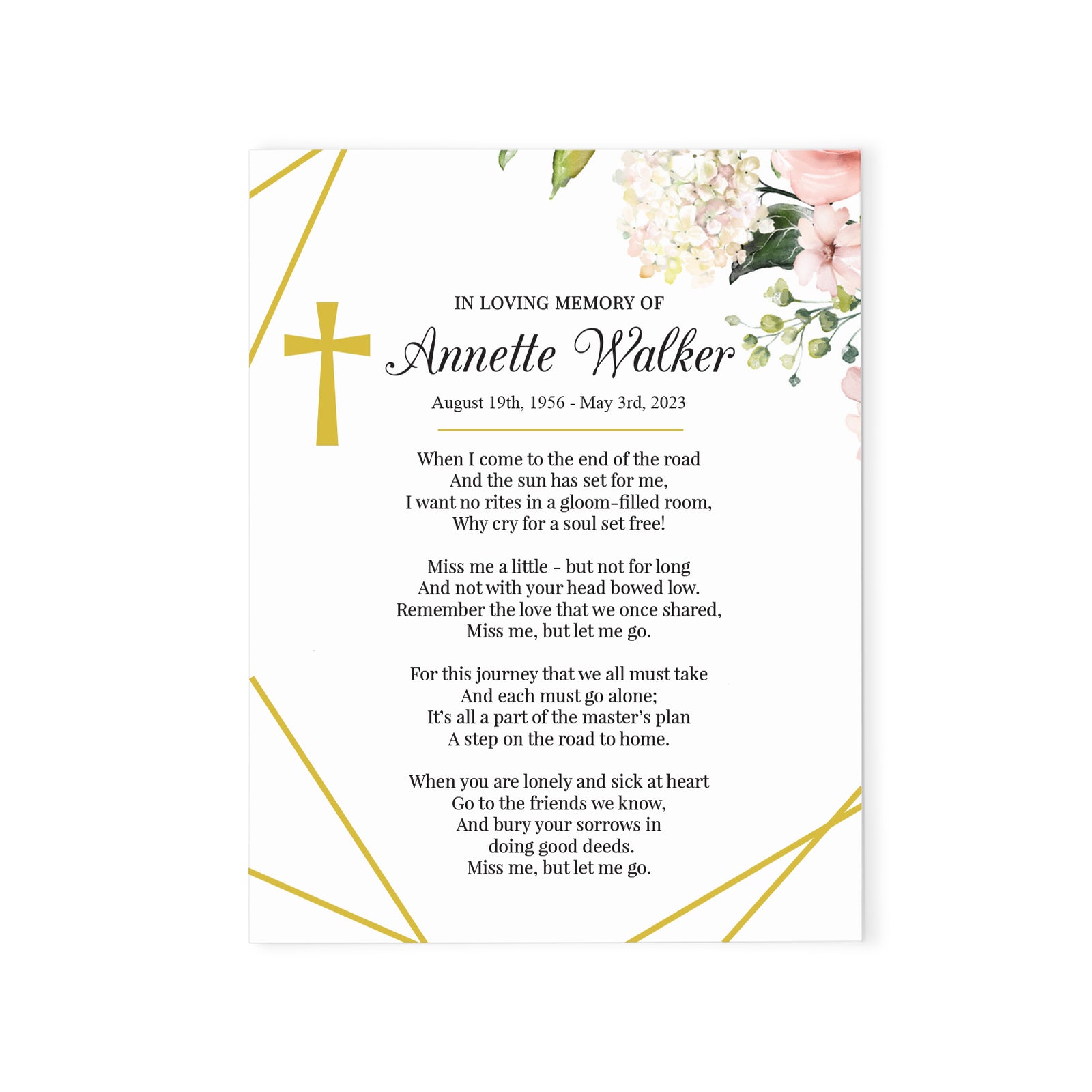 Personalized Funeral Prayer Cards With Pink Flowers