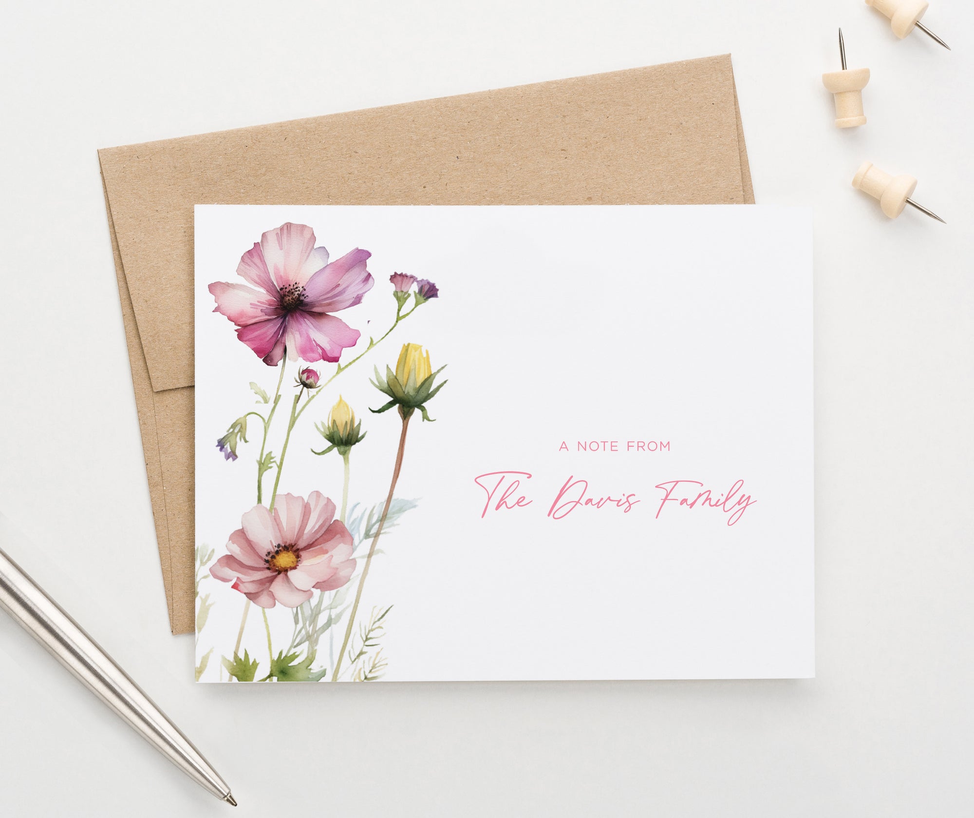 Pink Floral Personalized Family Stationery Folded