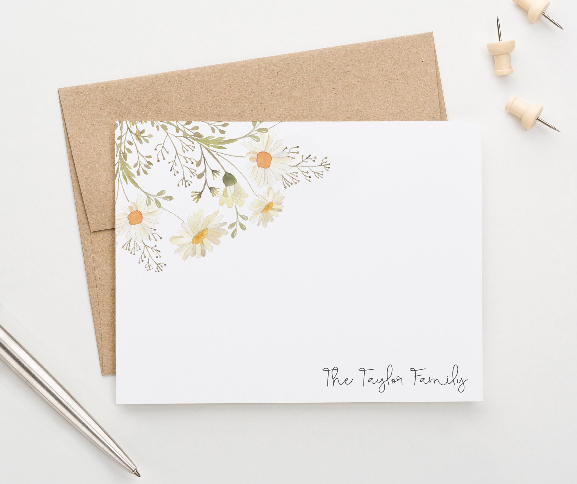 Custom Folded Family Stationery With White Wildflowers